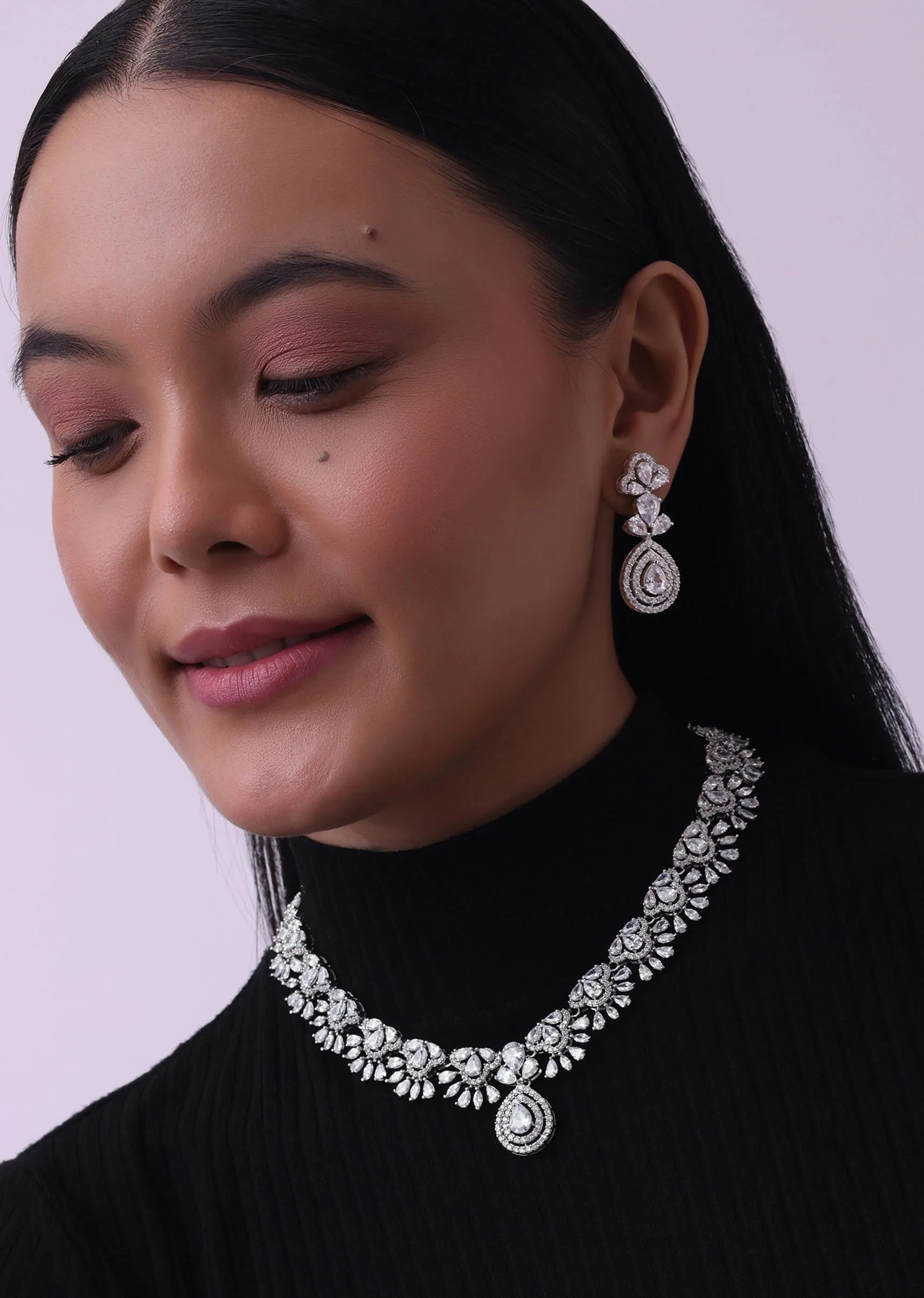 92.5 Sterling Silver Necklace And Earring Set Studded With Uncut Diamonds