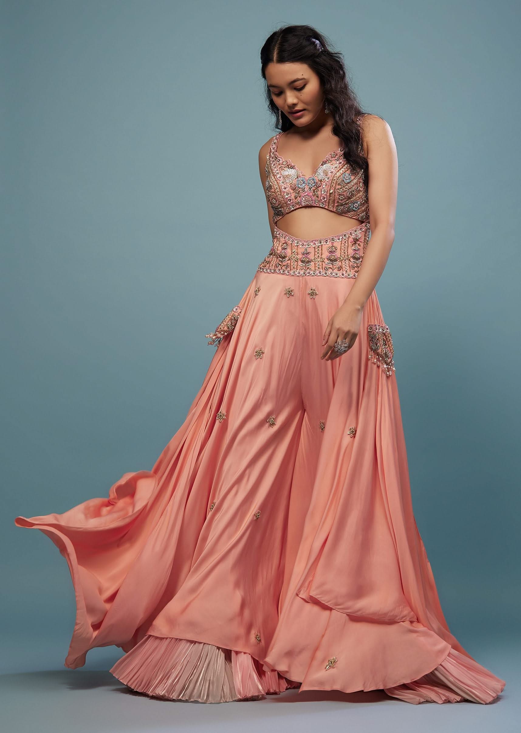 Peach Pink Embroidered Jumpsuit In Satin - Image 3