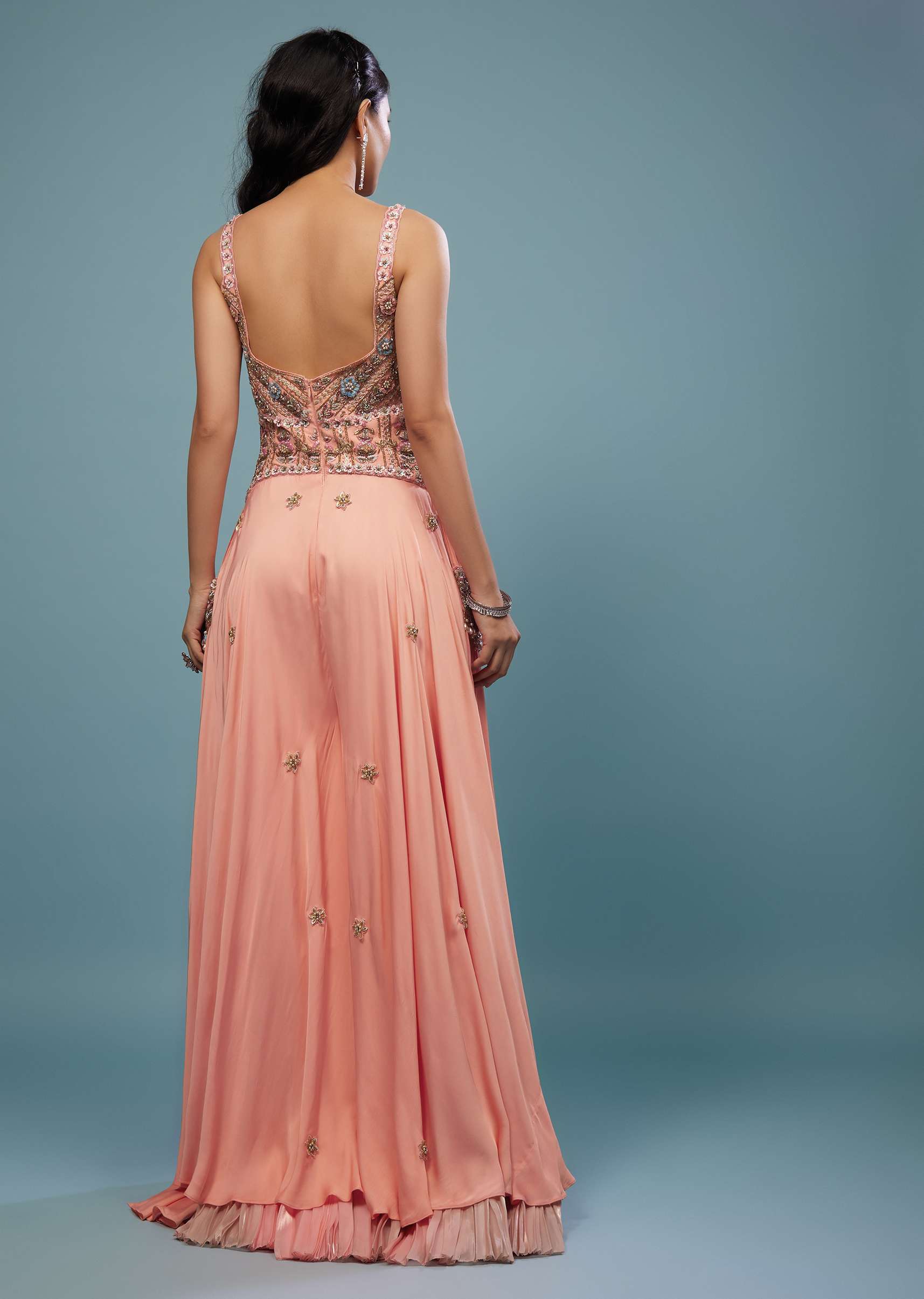 Peach Pink Embroidered Jumpsuit In Satin - Image 5
