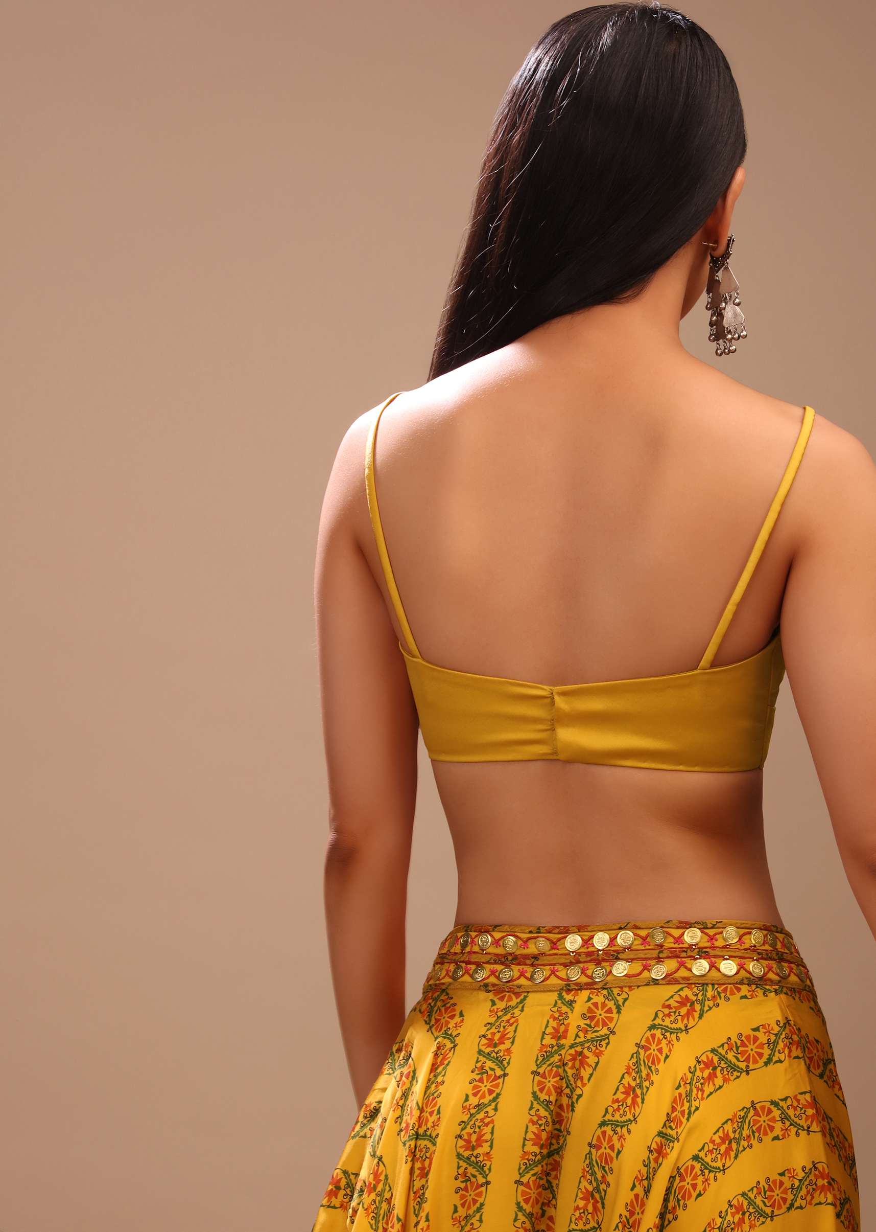 Amber Yellow Blouse In Satin With Strap Sleeves And Overlapping Geometric Neckline - Image 4