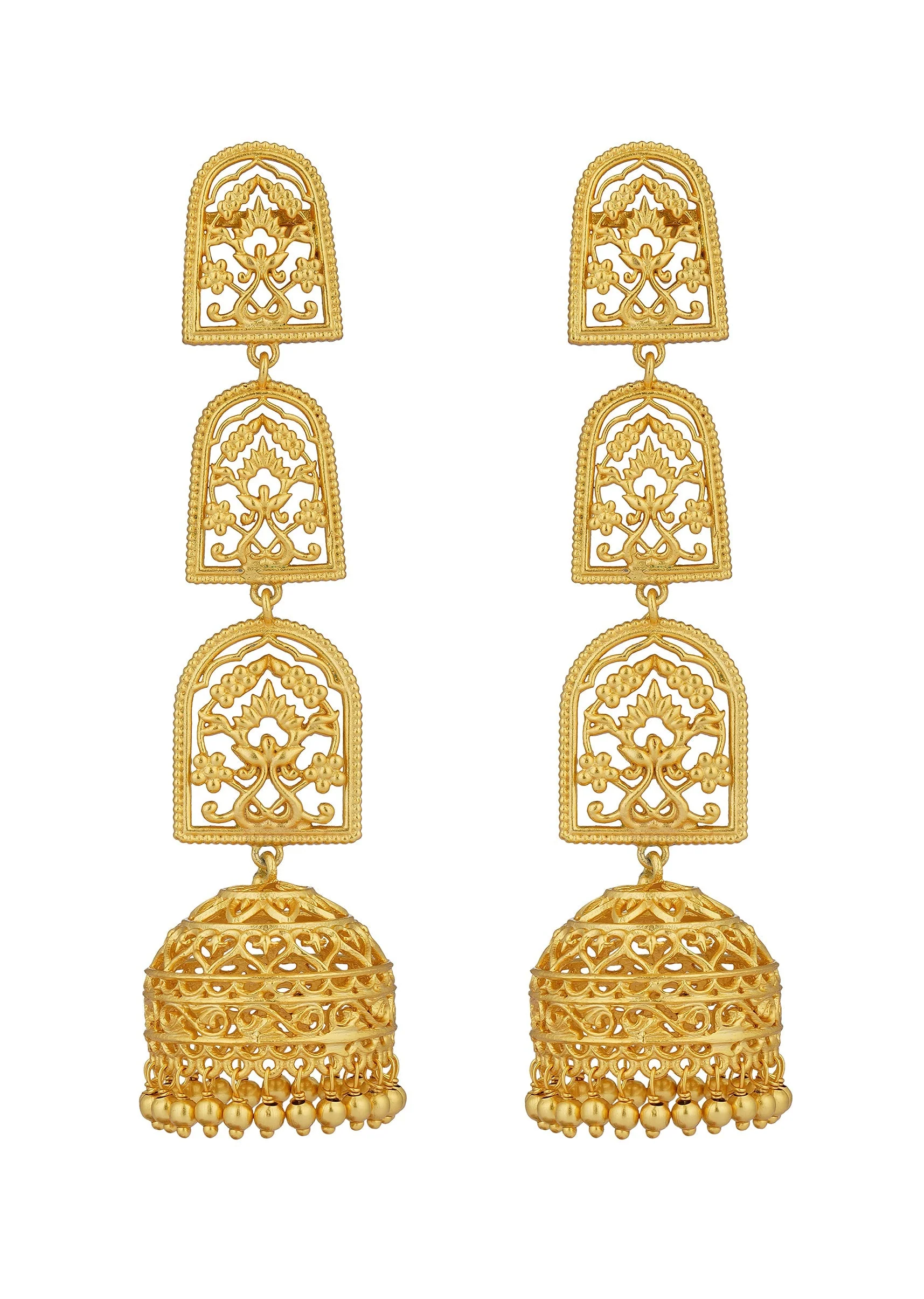 Antique Gold Bareilly Jhumka Earrings With Layered Dome Design - Image 2