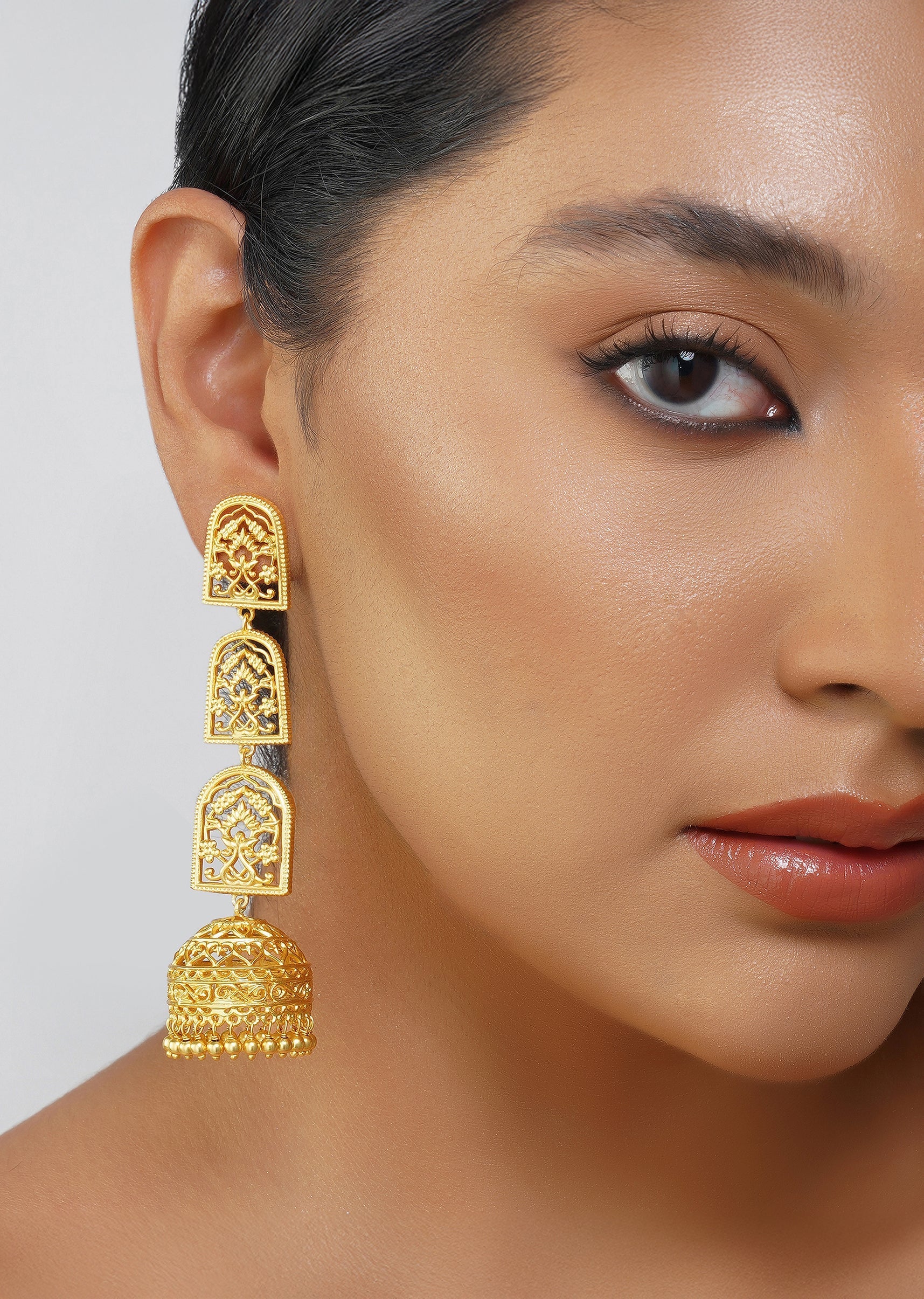 Antique Gold Bareilly Jhumka Earrings With Layered Dome Design - Image 4