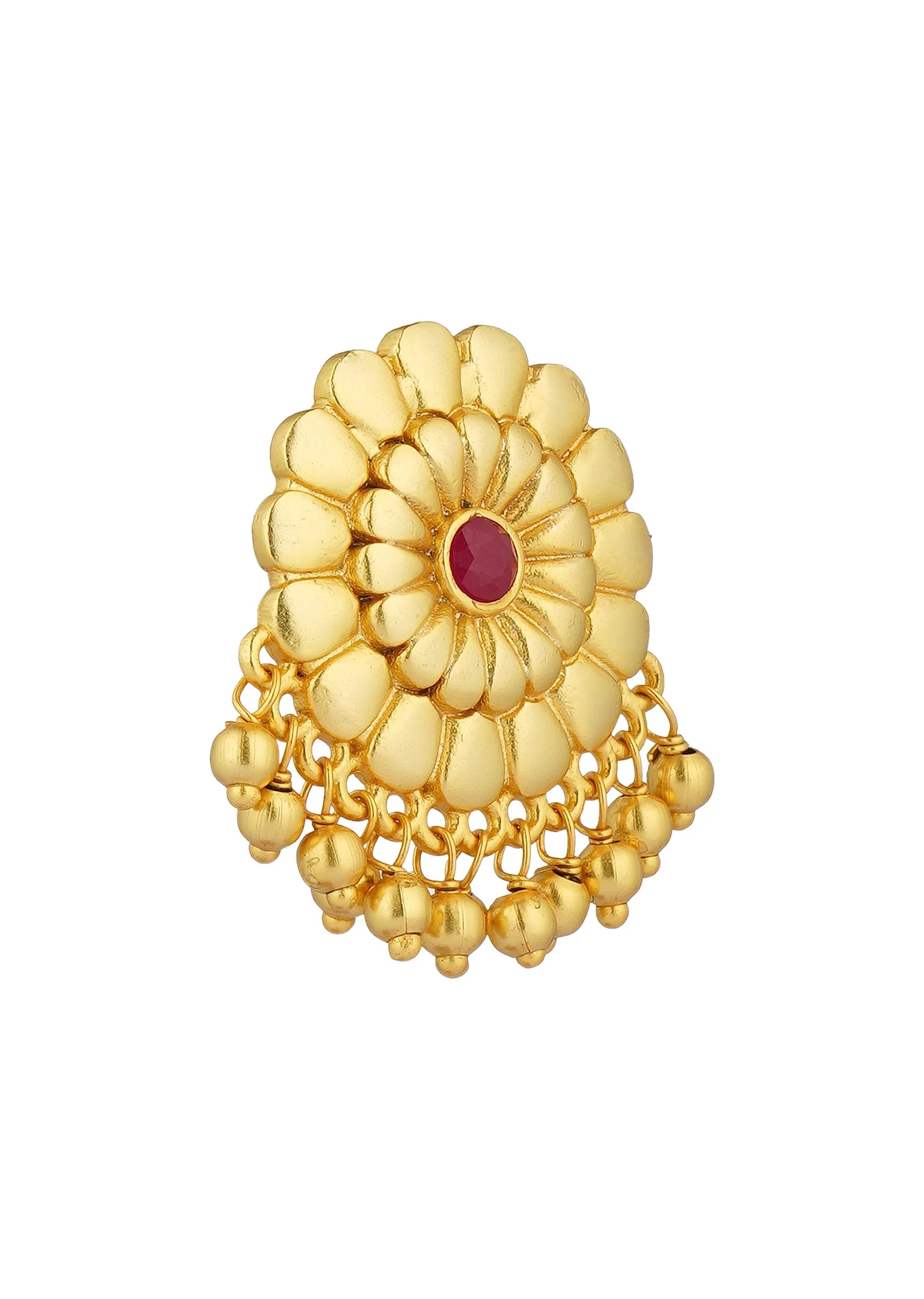 Antique Gold Floral Stud Earrings With Red Zircon Detailing - Image 3