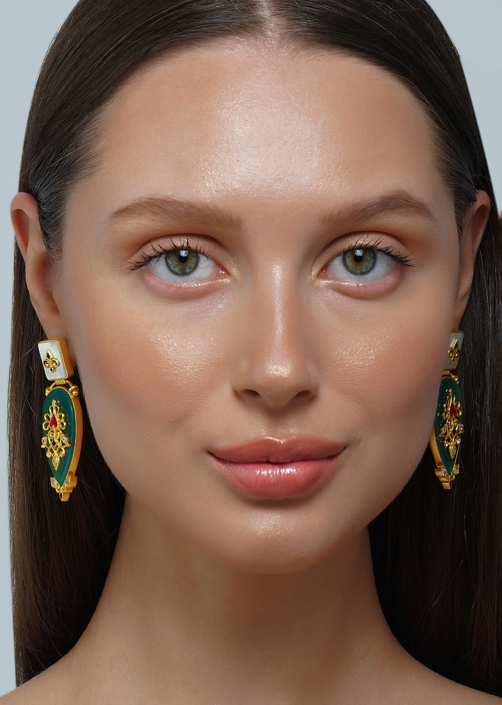 Antique Gold Green Onyx Statement Earrings - Image 2