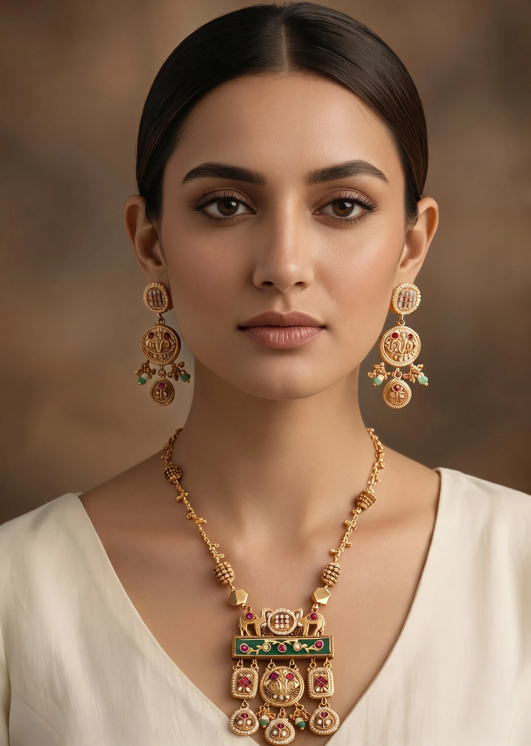 Antique Gold Toned Rajwadi Kundan Necklace Set