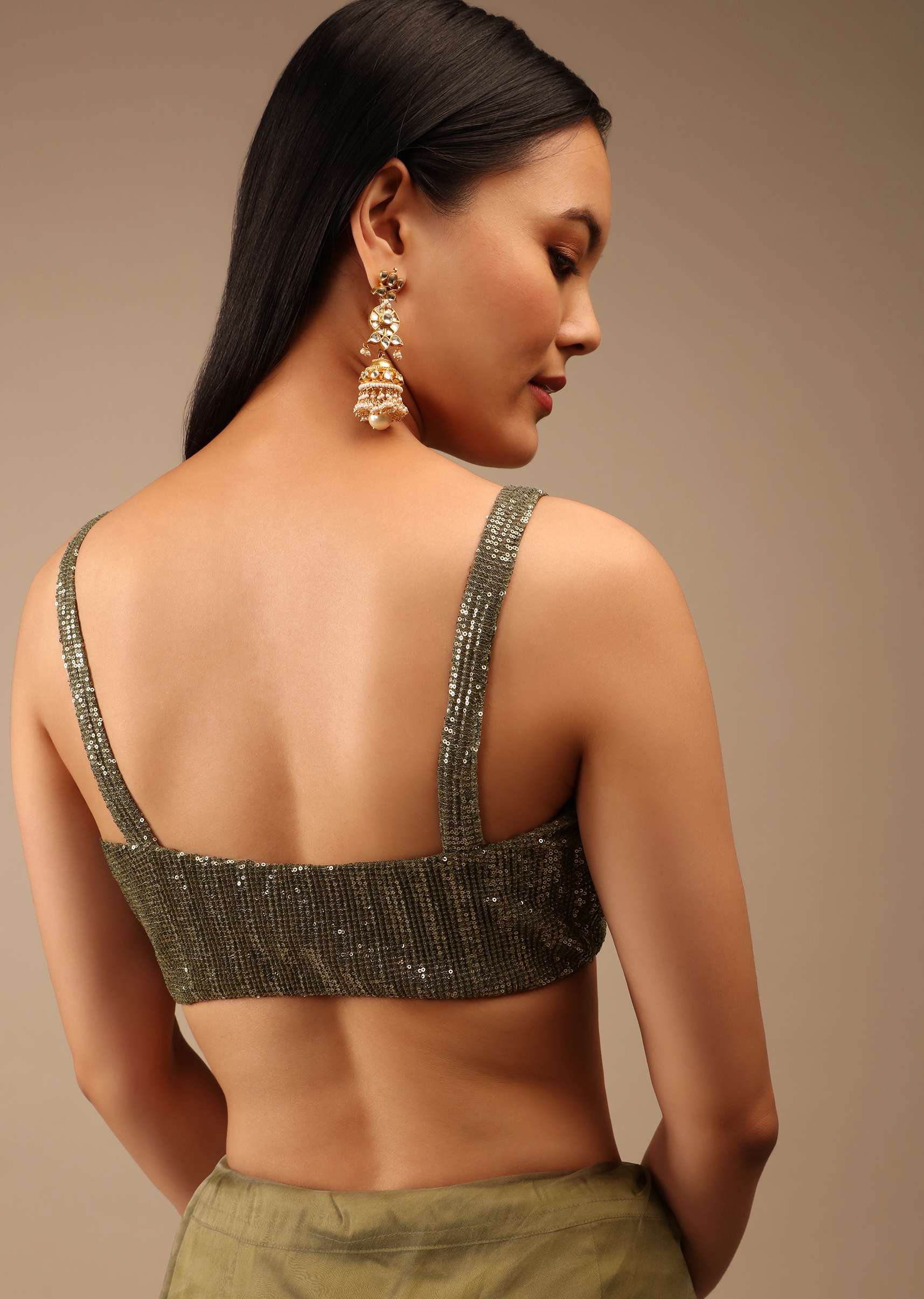 Antique Green Blouse In Crush Embellished With Sequins And Featuring Strap Sleeves And Geometric Neckline - Image 2