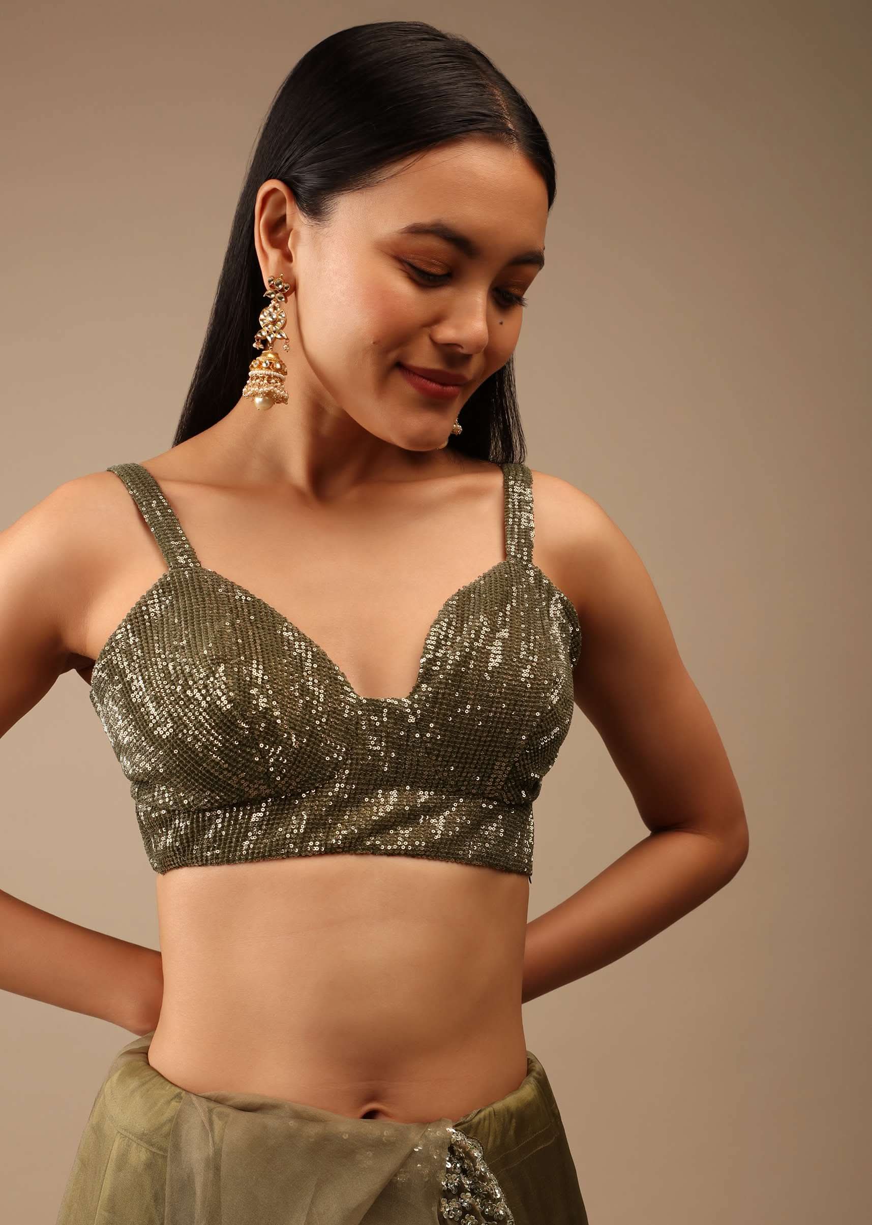 Antique Green Blouse In Crush Embellished With Sequins And Featuring Strap Sleeves And Geometric Neckline - Image 3