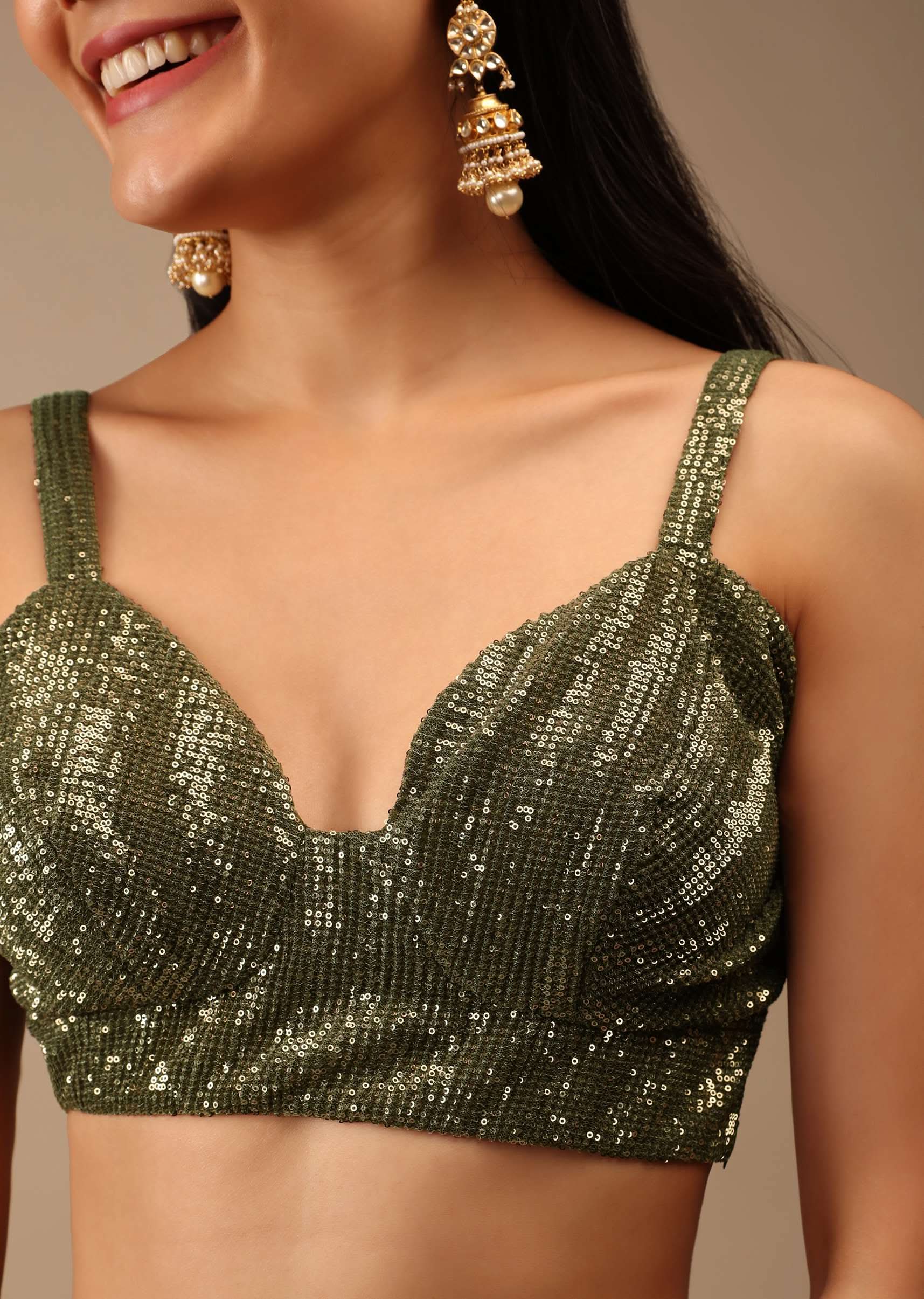 Antique Green Blouse In Crush Embellished With Sequins And Featuring Strap Sleeves And Geometric Neckline - Image 4
