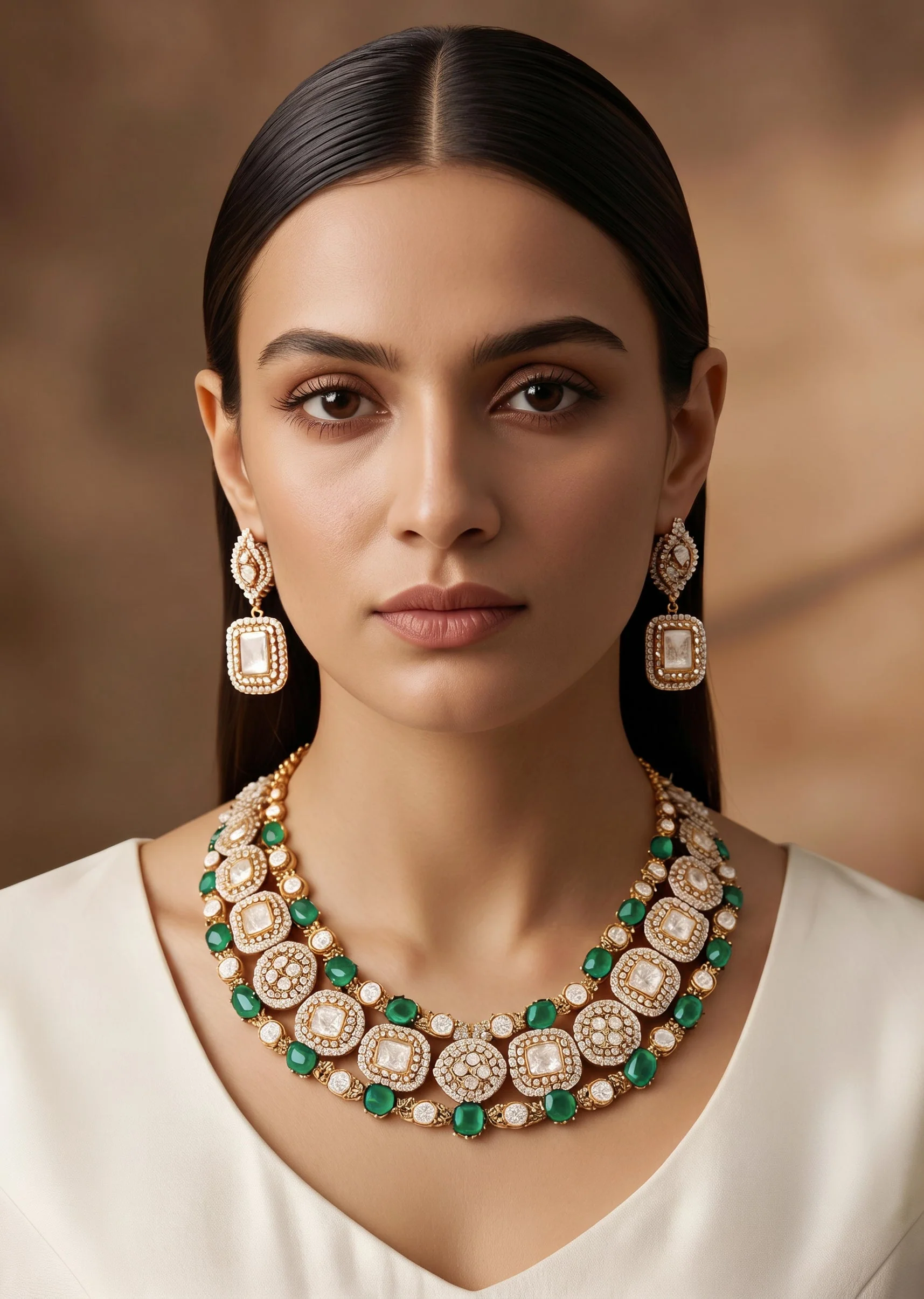 Antique Green Kundan Polki Layered Necklace Set