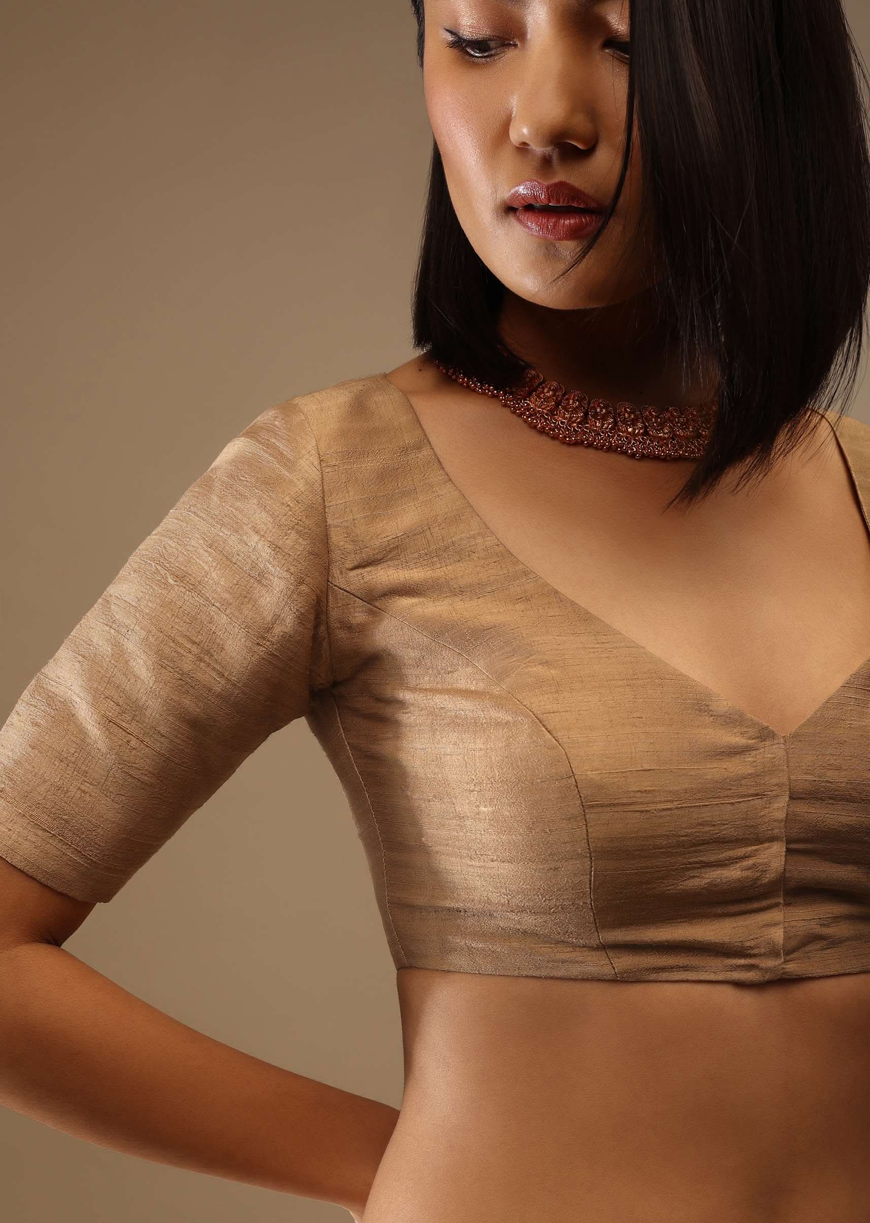 Apple Cinnamon Half Sleeveless Blouse In A Sweetheart Neckline Raw Silk With Front Hooks Closure - Image 4