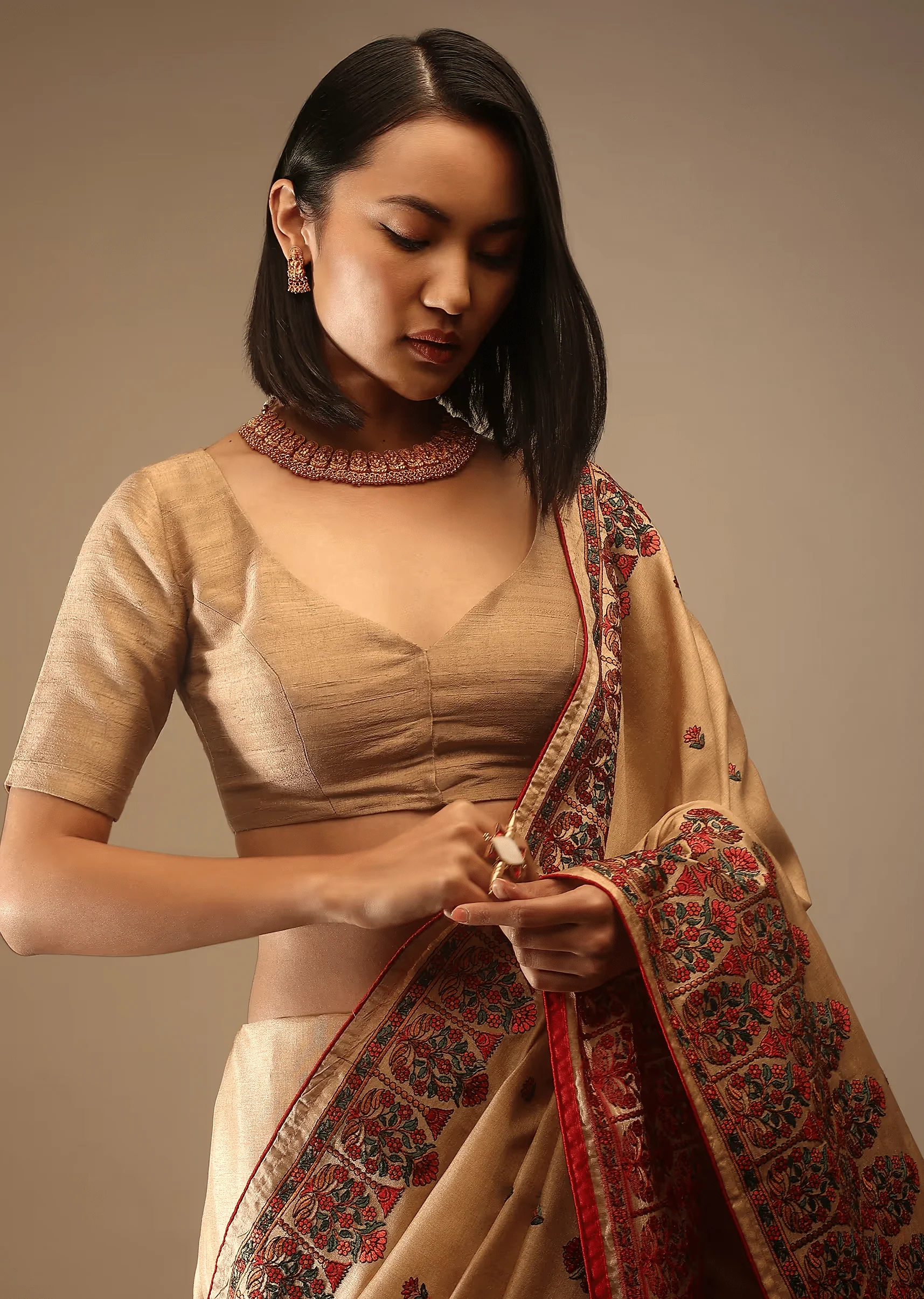 Apple Cinnamon Half Sleeveless Blouse In A Sweetheart Neckline Raw Silk With Front Hooks Closure - Image 5
