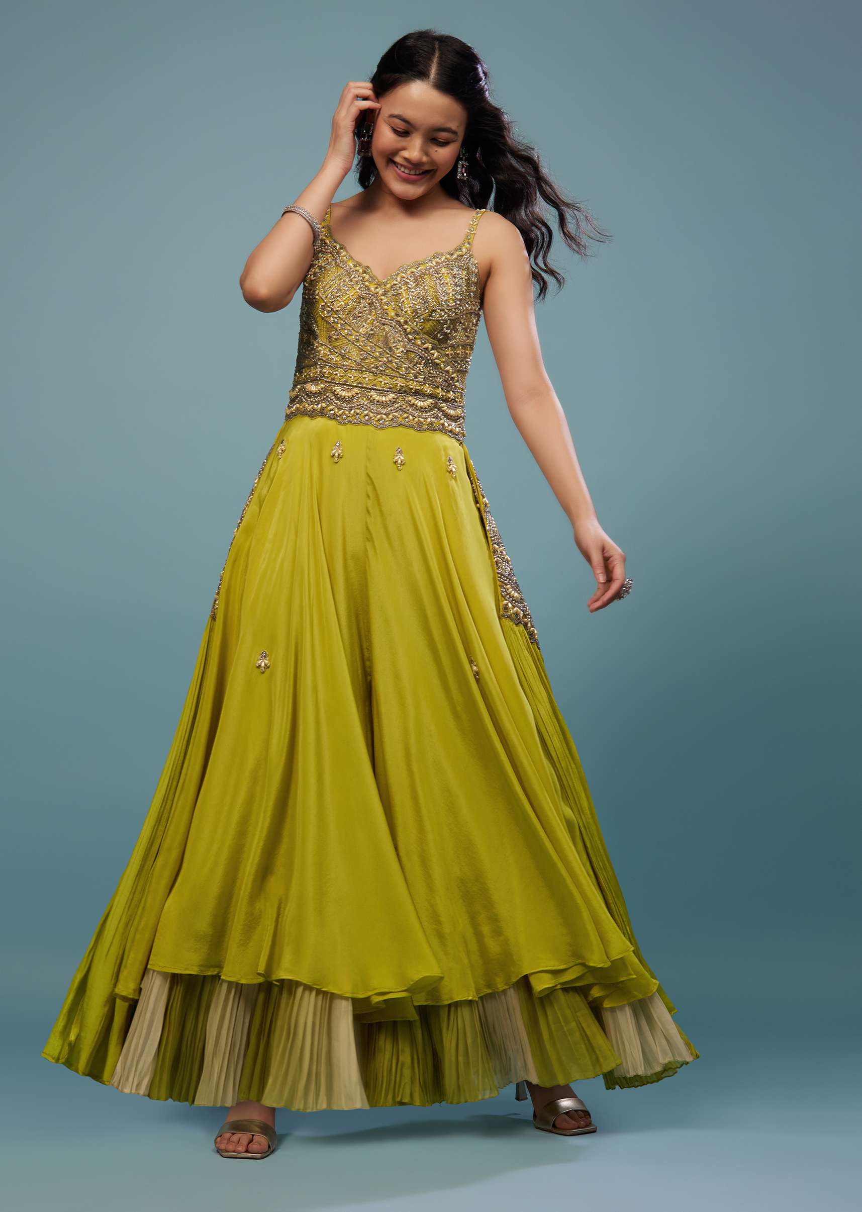 Lime Green Embroidered Jumpsuit In Chinon - Image 2