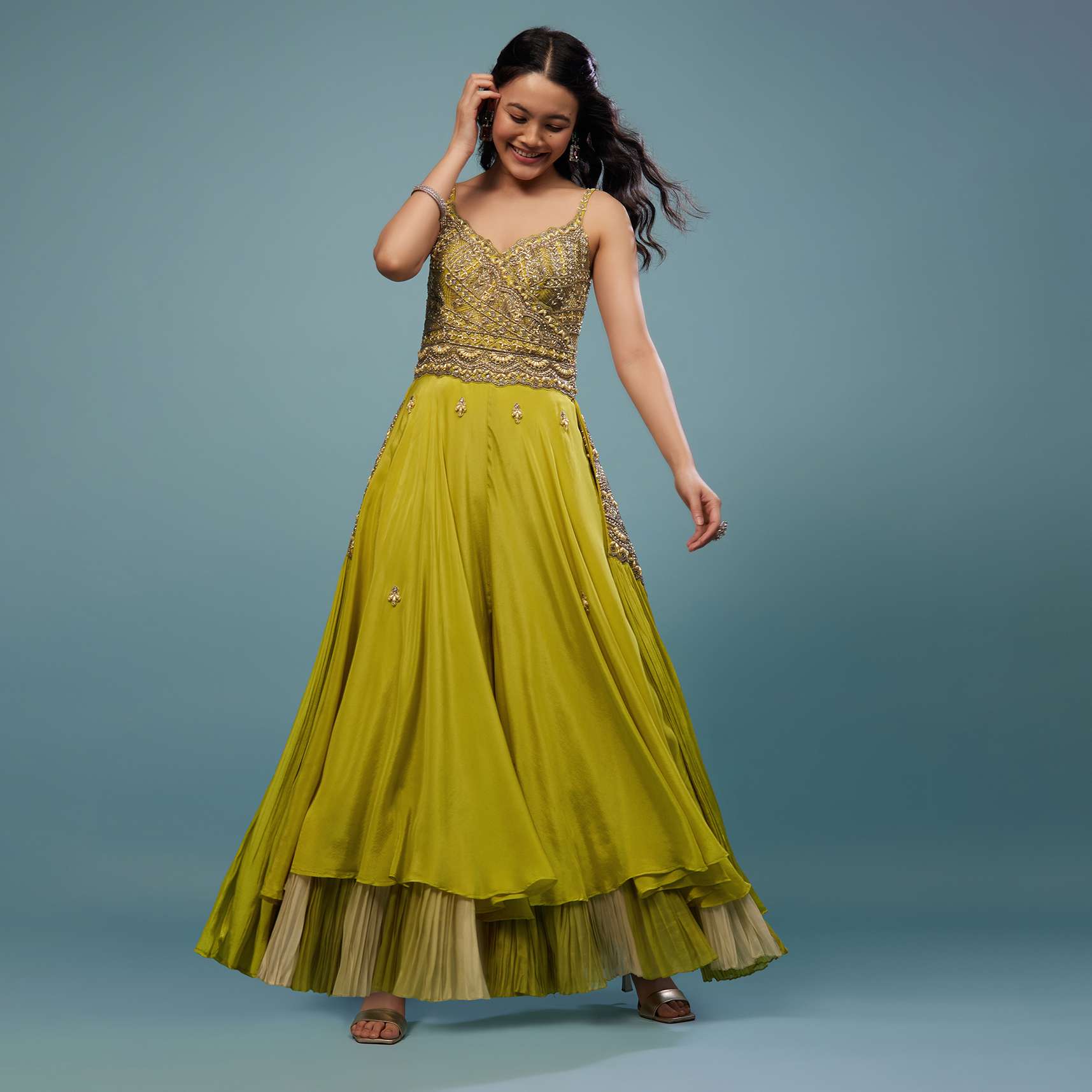 Lime Green Embroidered Jumpsuit In Chinon - Image 3