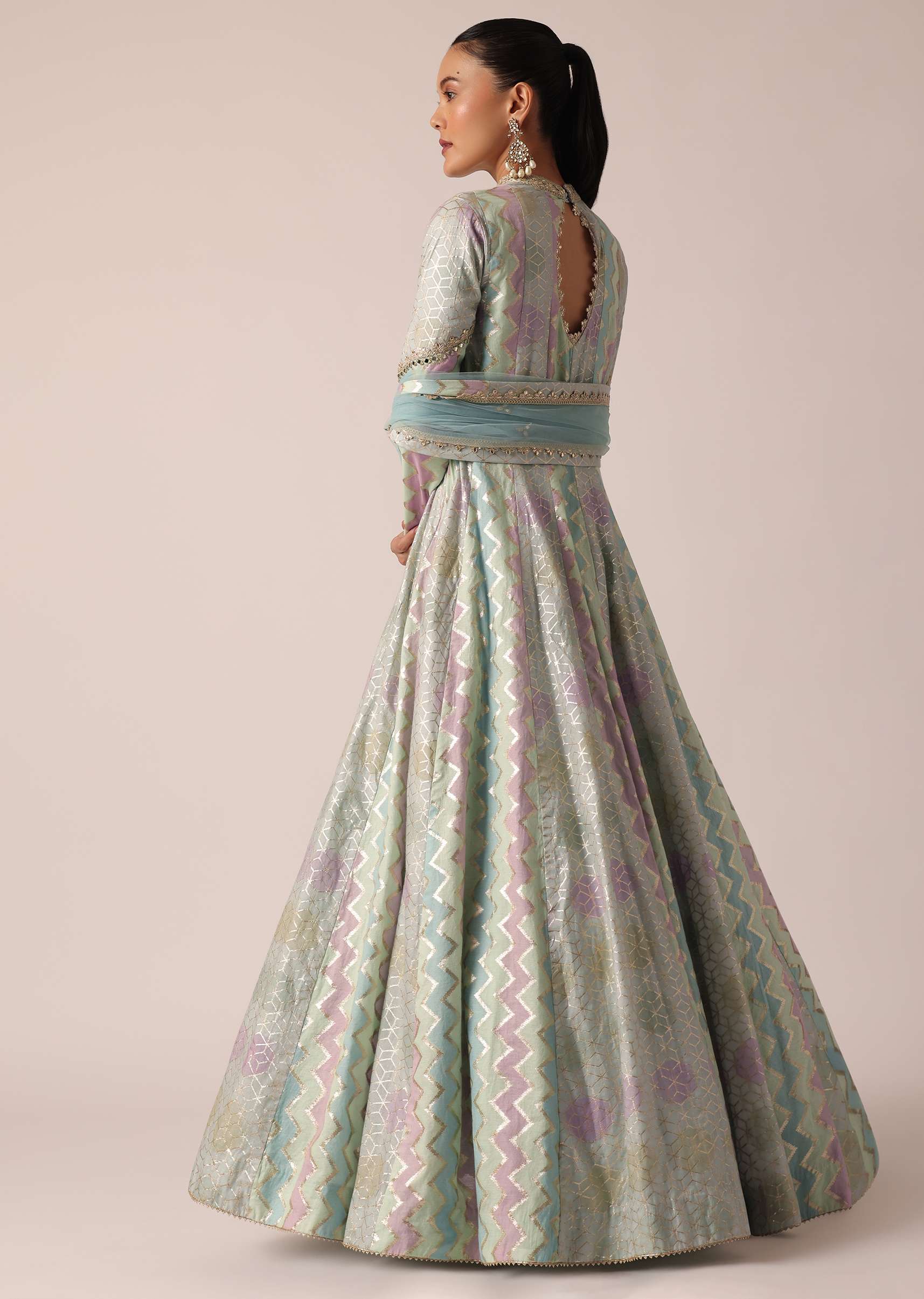 Aqua Blue Chanderi Anarkali Set With Brocade Detail - Image 3