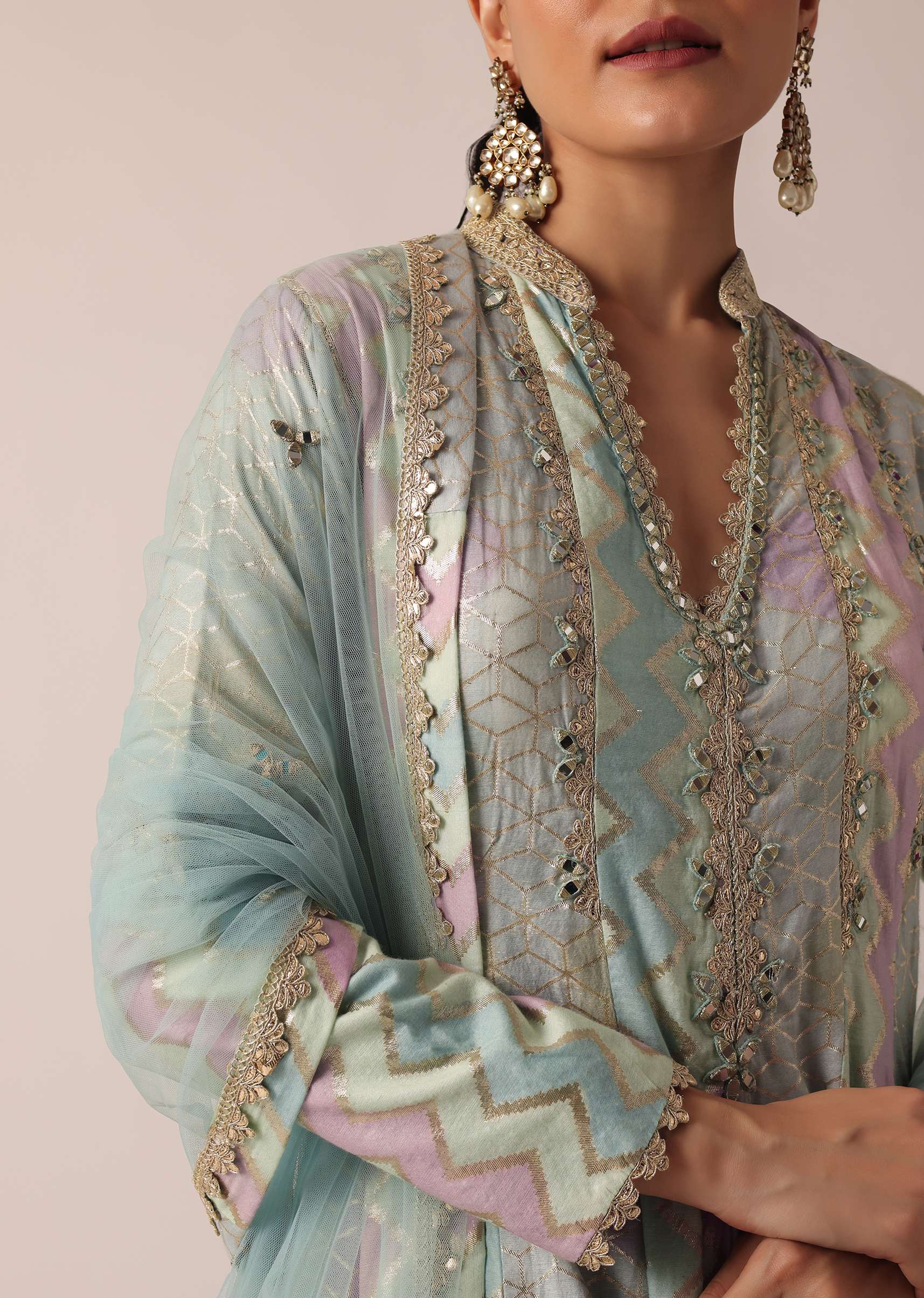 Aqua Blue Chanderi Anarkali Set With Brocade Detail - Image 4
