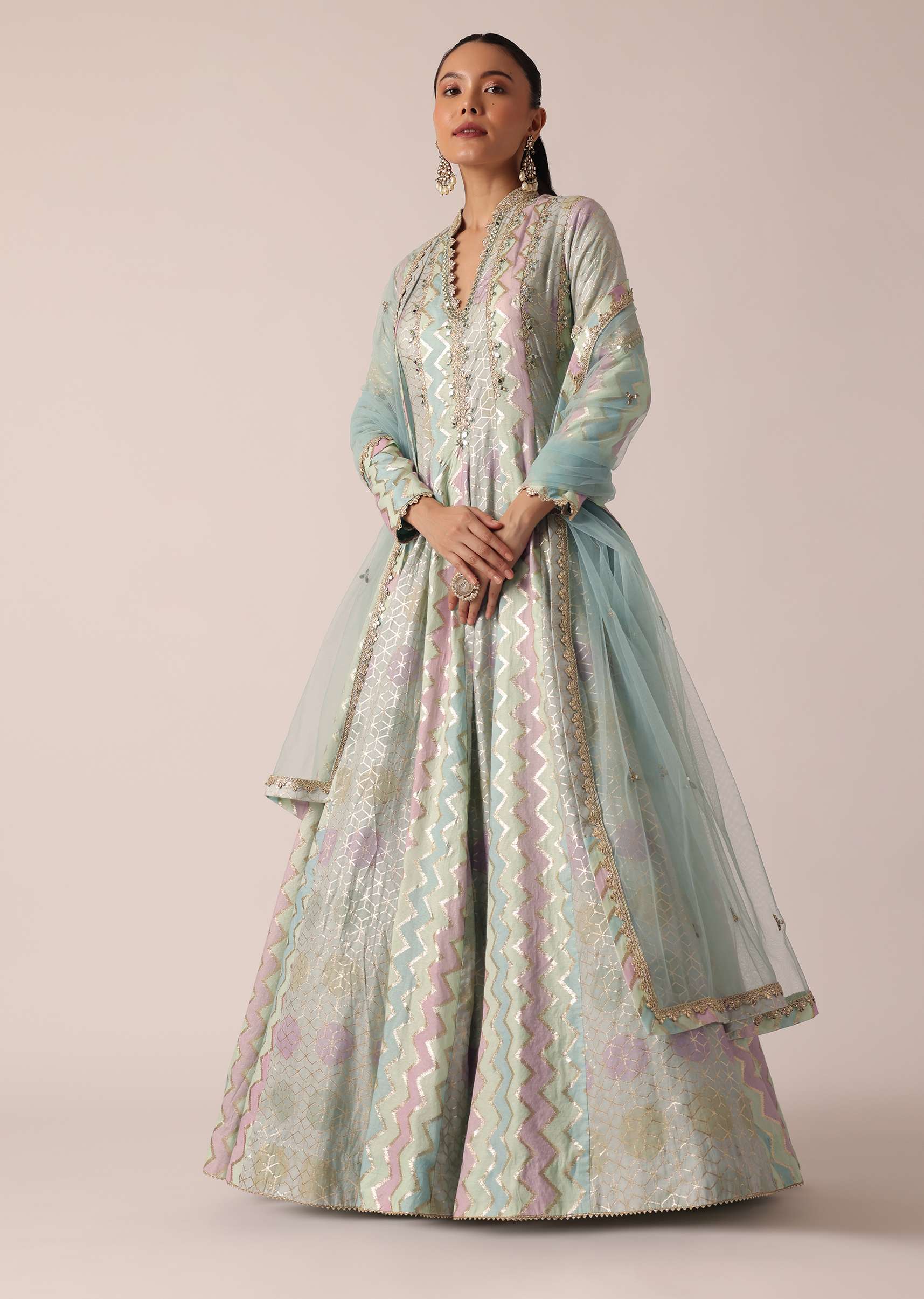 Aqua Blue Chanderi Anarkali Set With Brocade Detail - Image 6