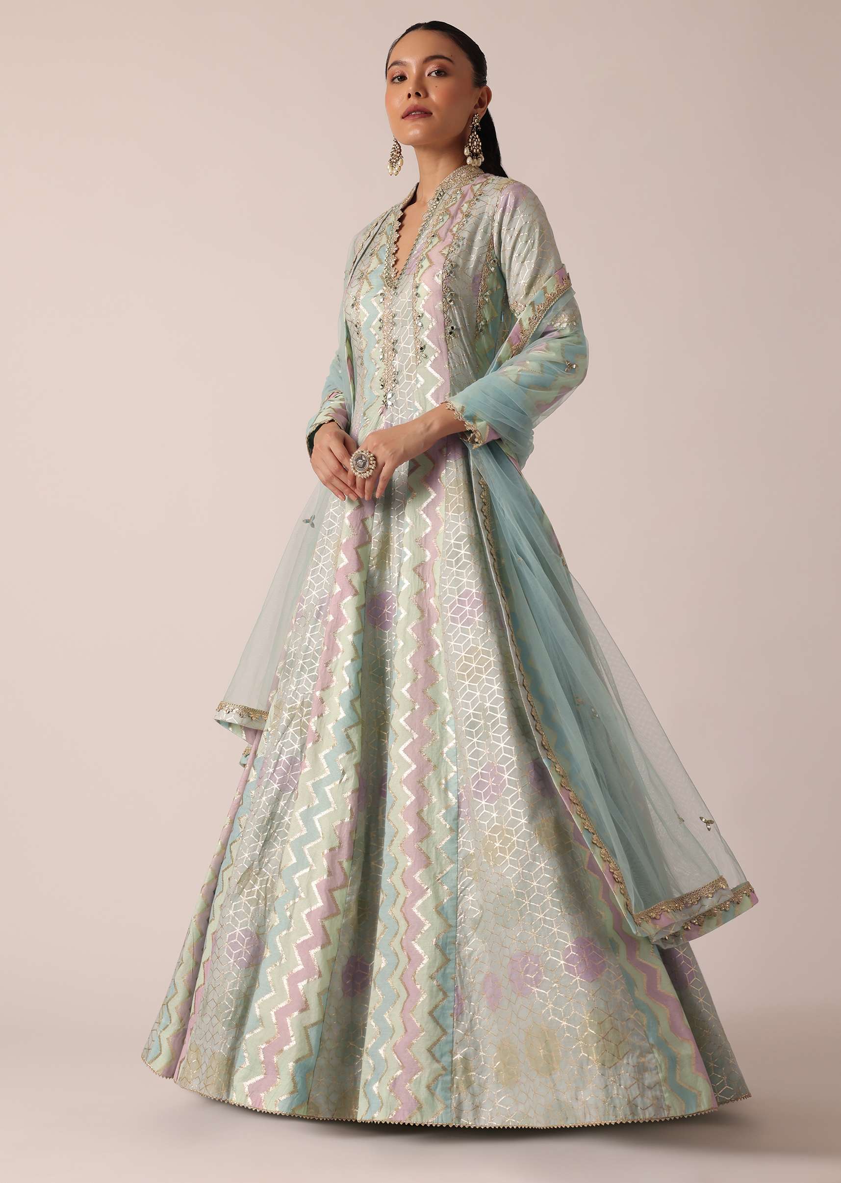 Aqua Blue Chanderi Anarkali Set With Brocade Detail - Image 8