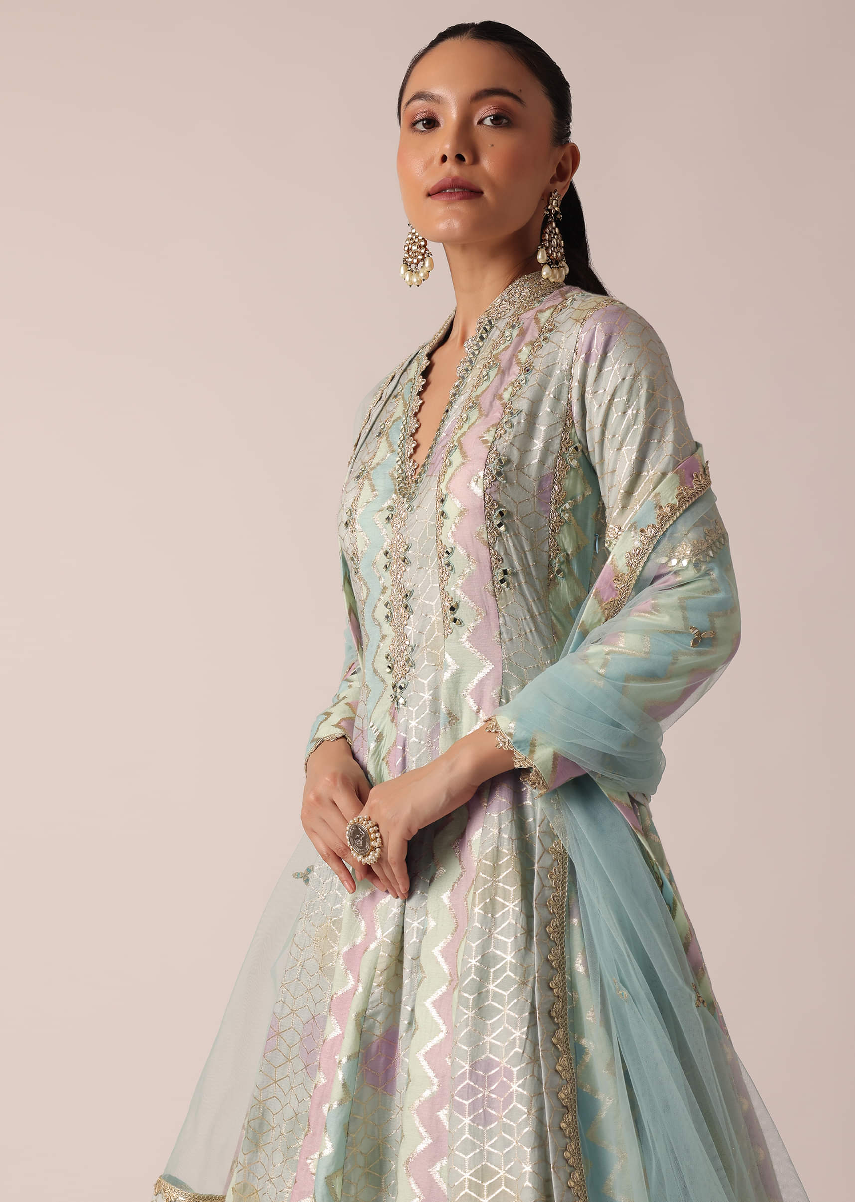 Aqua Blue Chanderi Anarkali Set With Brocade Detail - Image 9