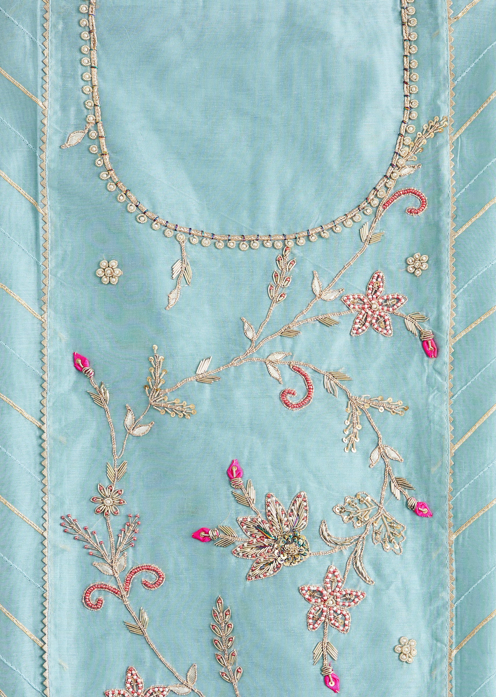 Aqua Blue Chanderi Unstitched Suit With Contrast Dupatta - Image 3
