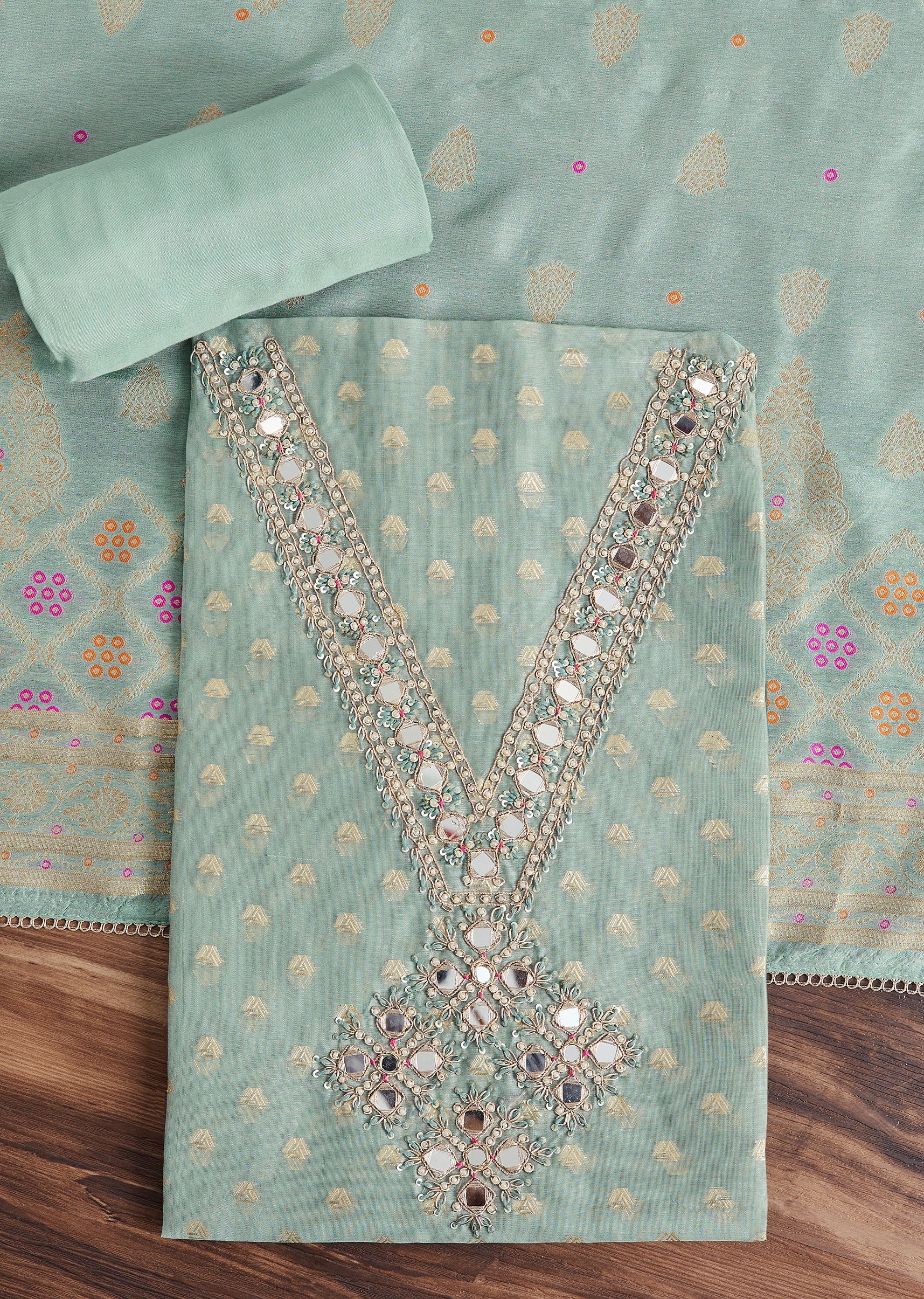 Aqua Blue Chanderi Unstitched Suit With Dupatta