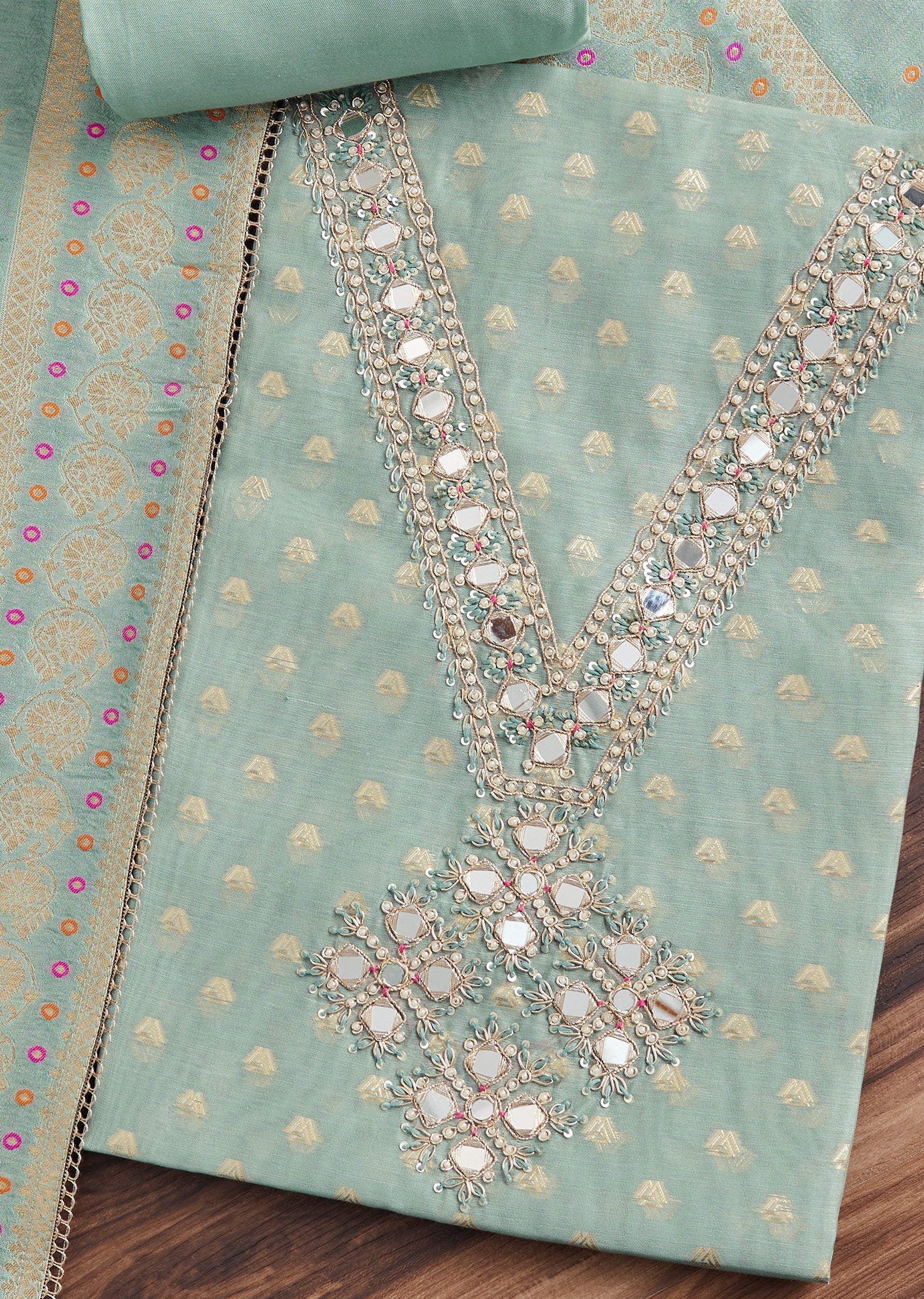Aqua Blue Chanderi Unstitched Suit With Dupatta - Image 2