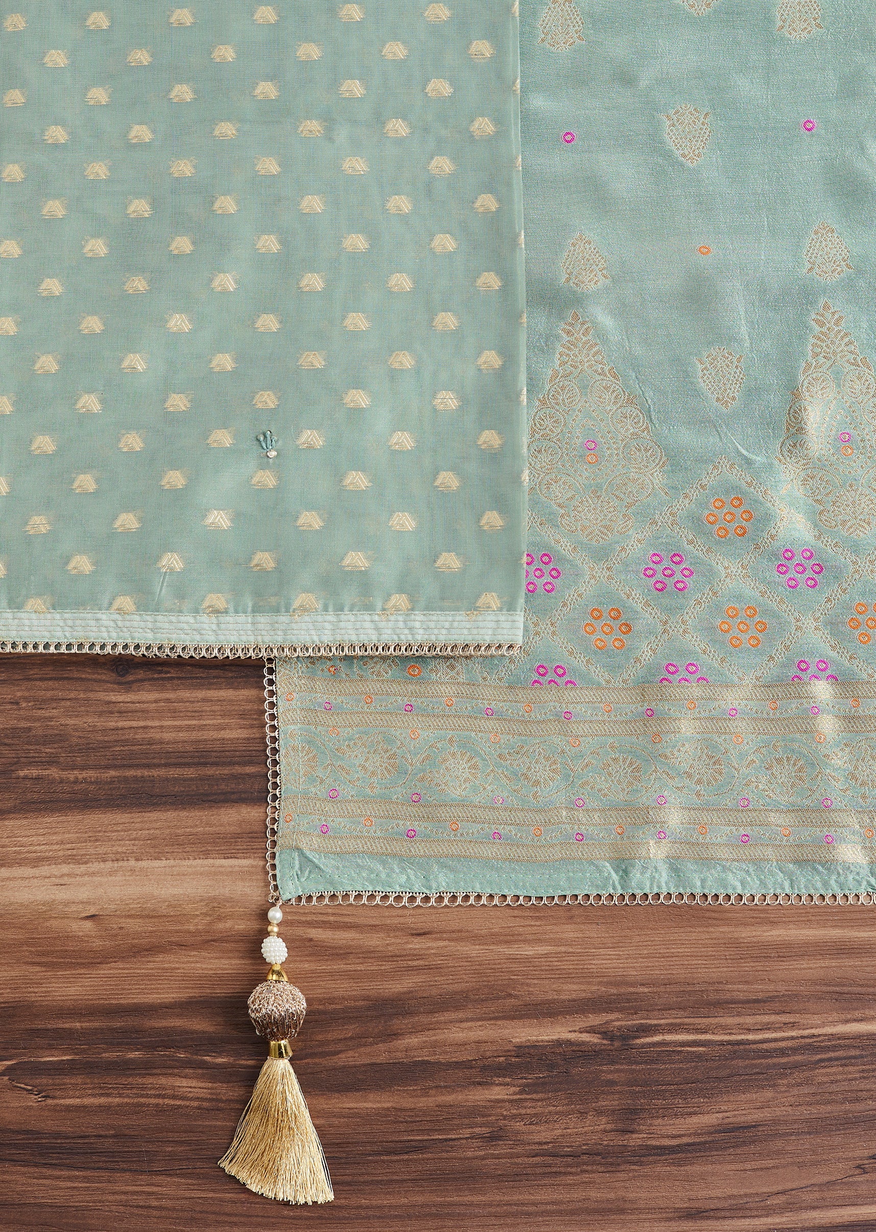 Aqua Blue Chanderi Unstitched Suit With Dupatta - Image 3
