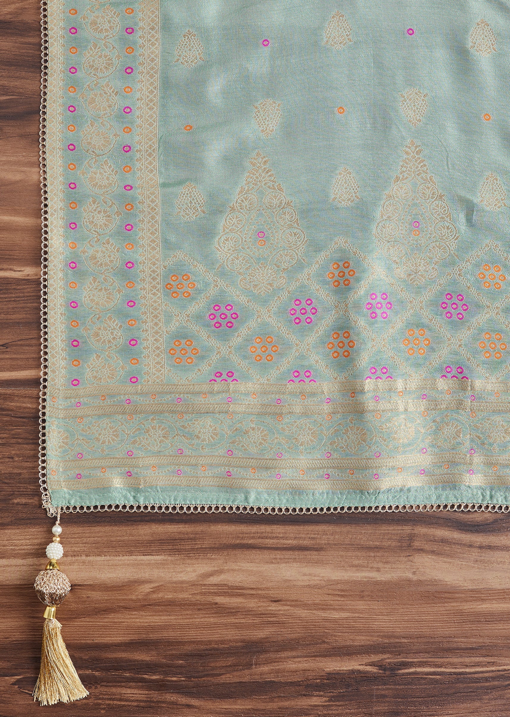 Aqua Blue Chanderi Unstitched Suit With Dupatta - Image 4
