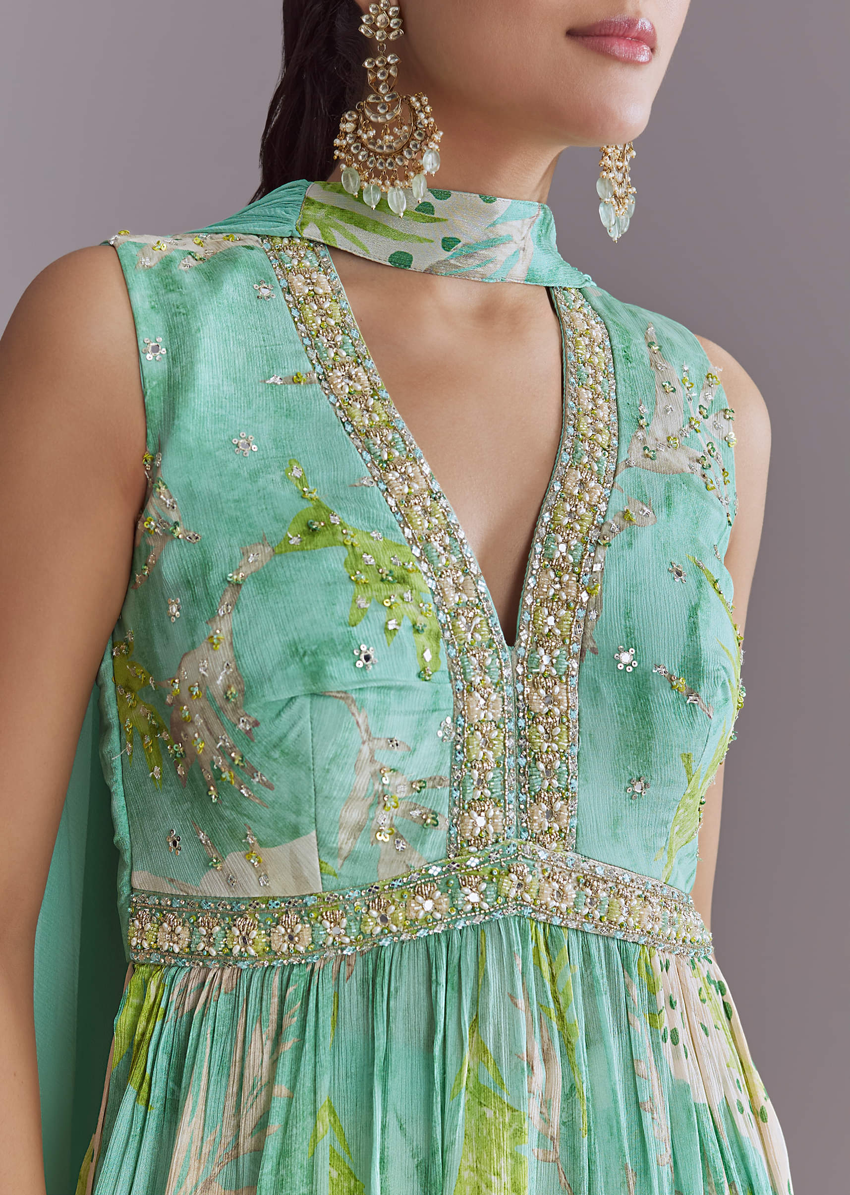 Aqua Blue Chinon Palazzo Suit With Printed Motifs - Image 2
