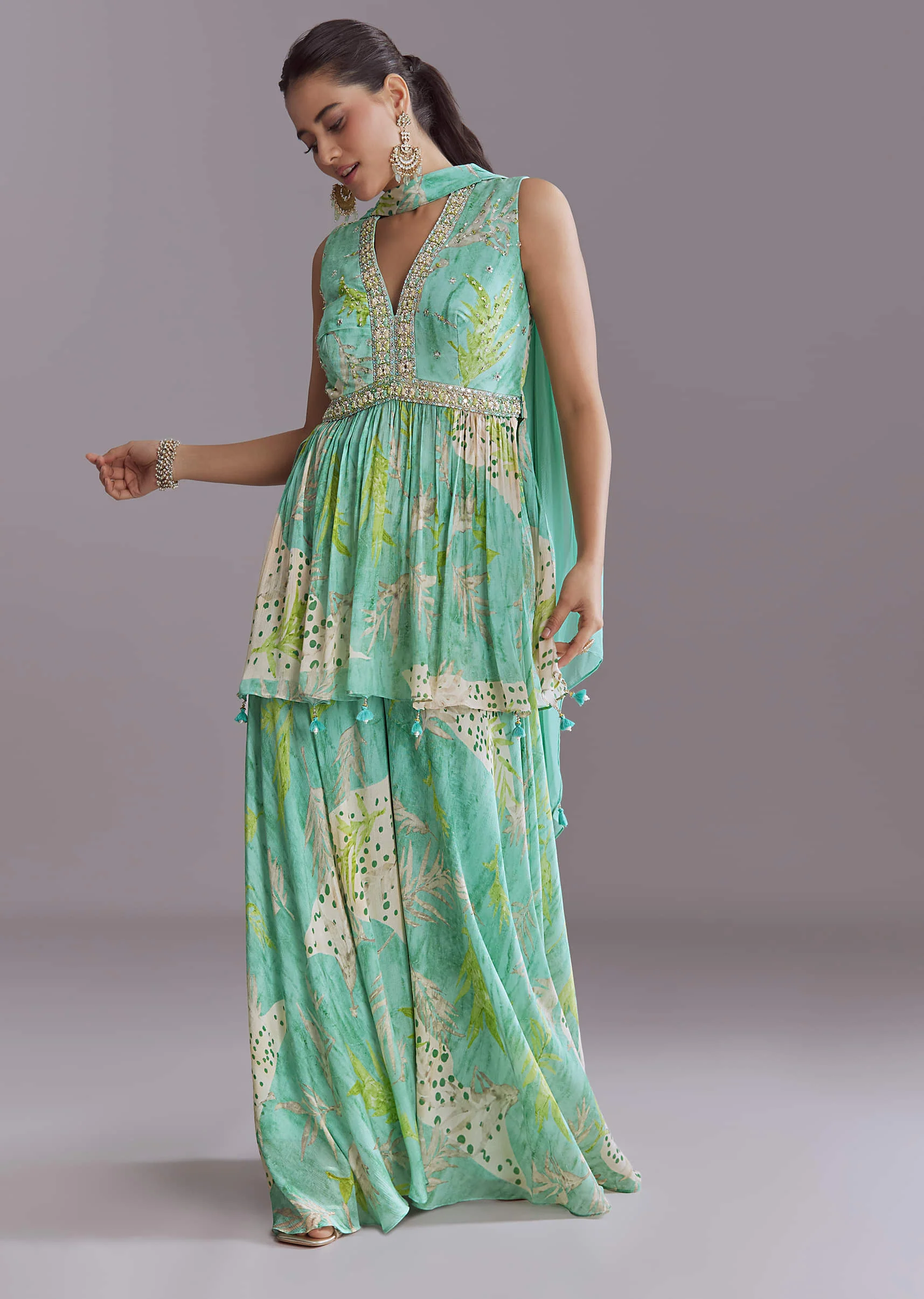 Aqua Blue Chinon Palazzo Suit With Printed Motifs - Image 4