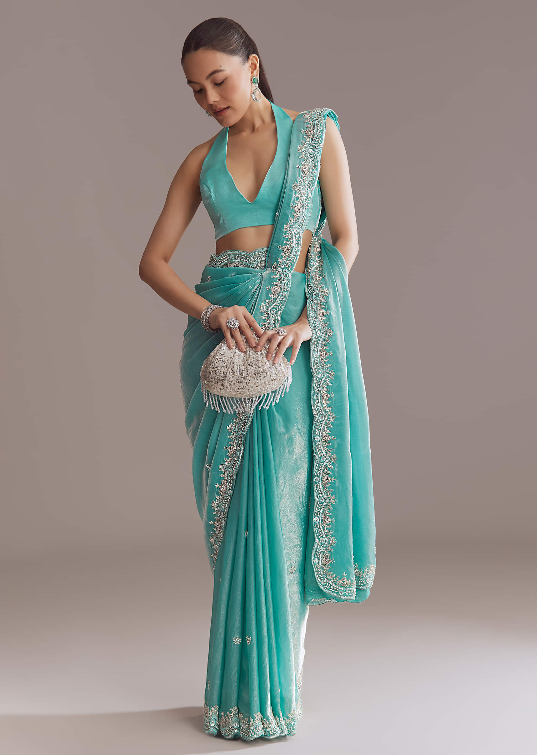 Aqua Blue Chinon Saree With Floral Embroidery - Image 10