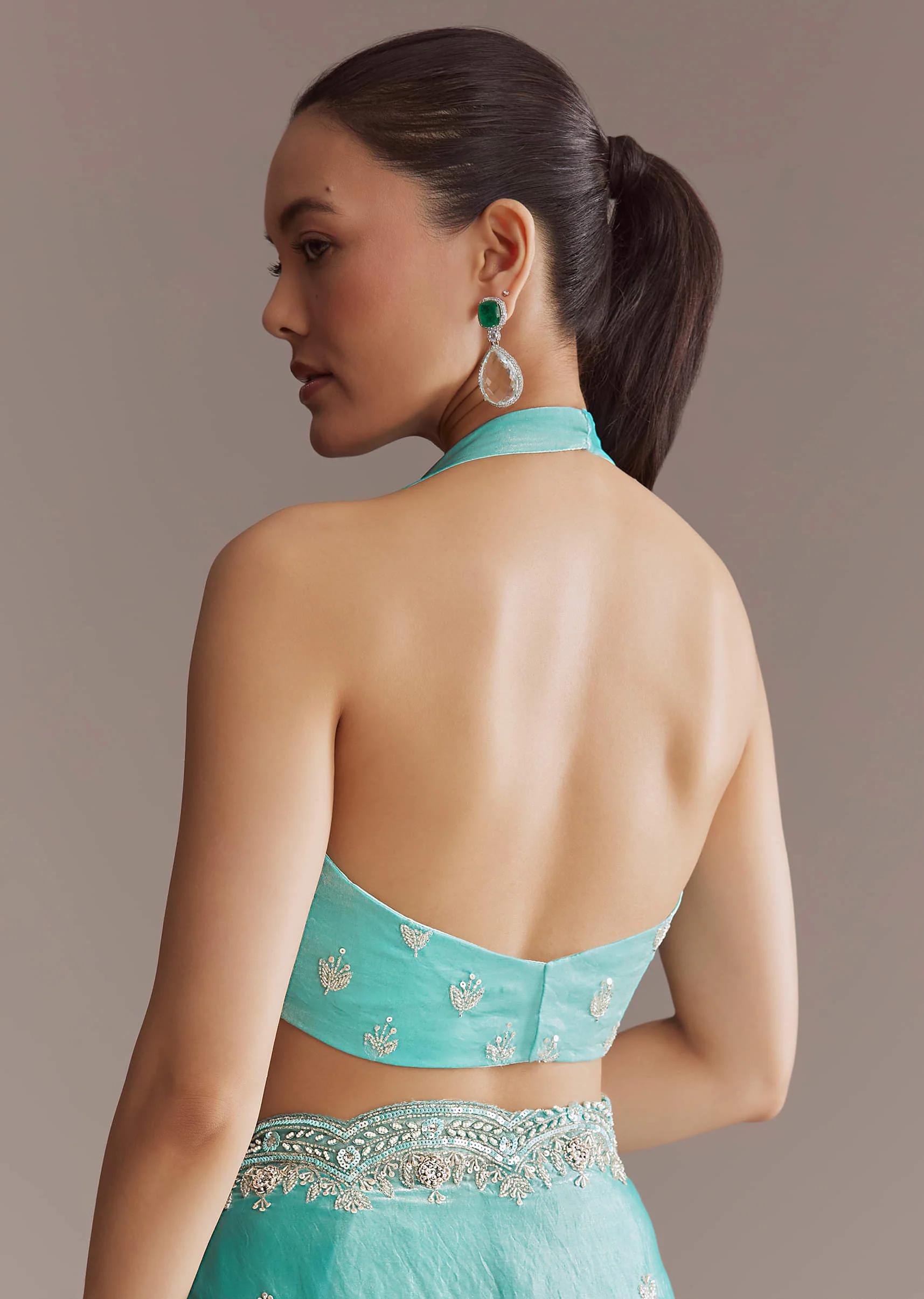 Aqua Blue Chinon Saree With Floral Embroidery - Image 7