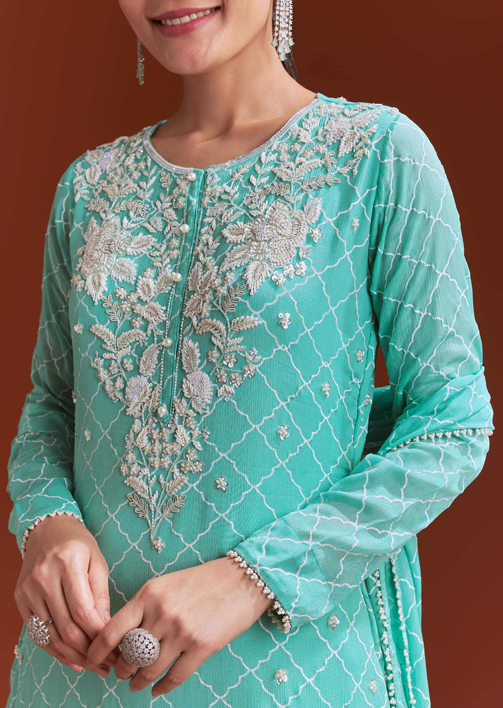 Aqua Blue Chinon Sharara Set With Cutdana And Sequins - Image 3