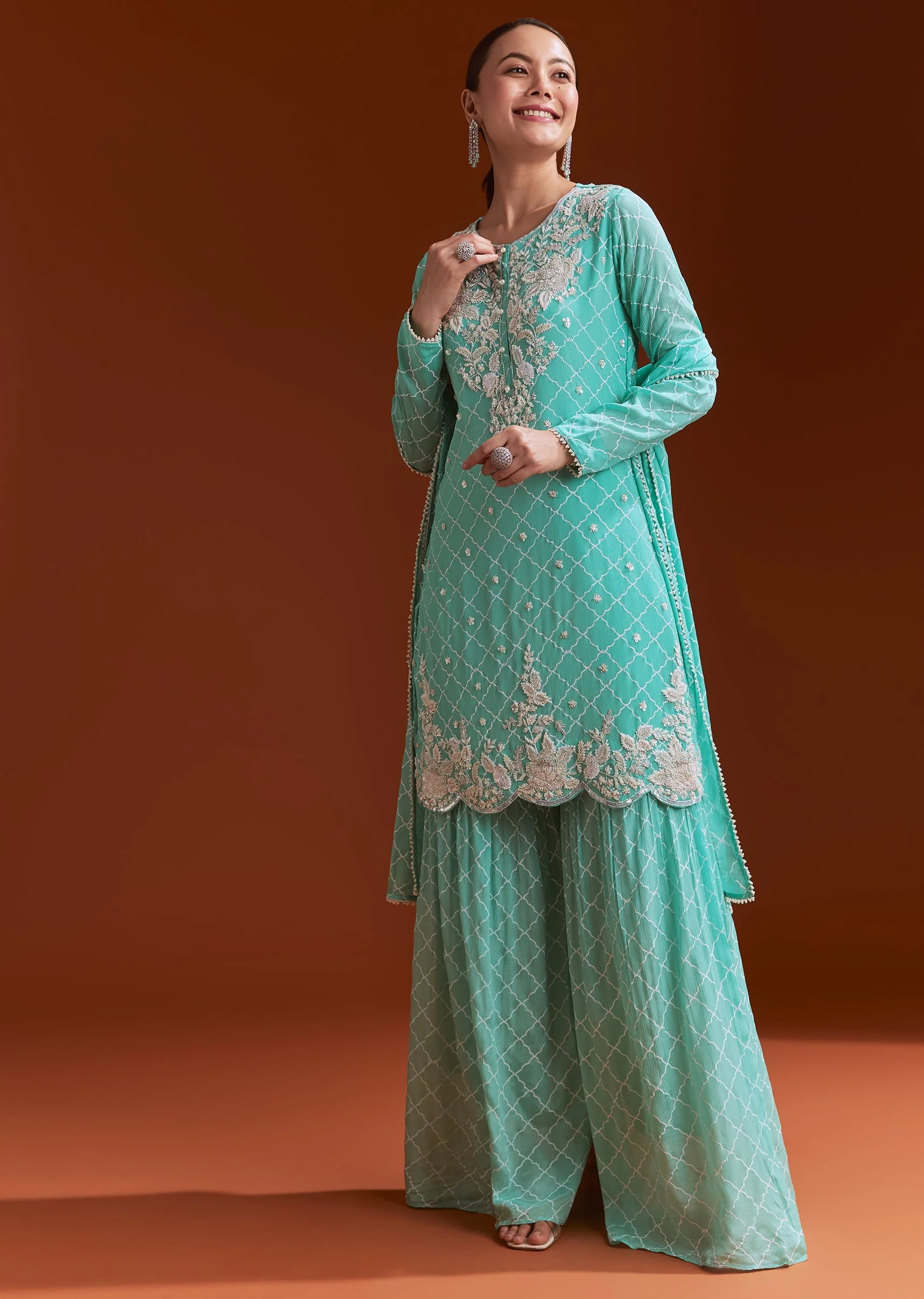 Aqua Blue Chinon Sharara Set With Cutdana And Sequins - Image 4