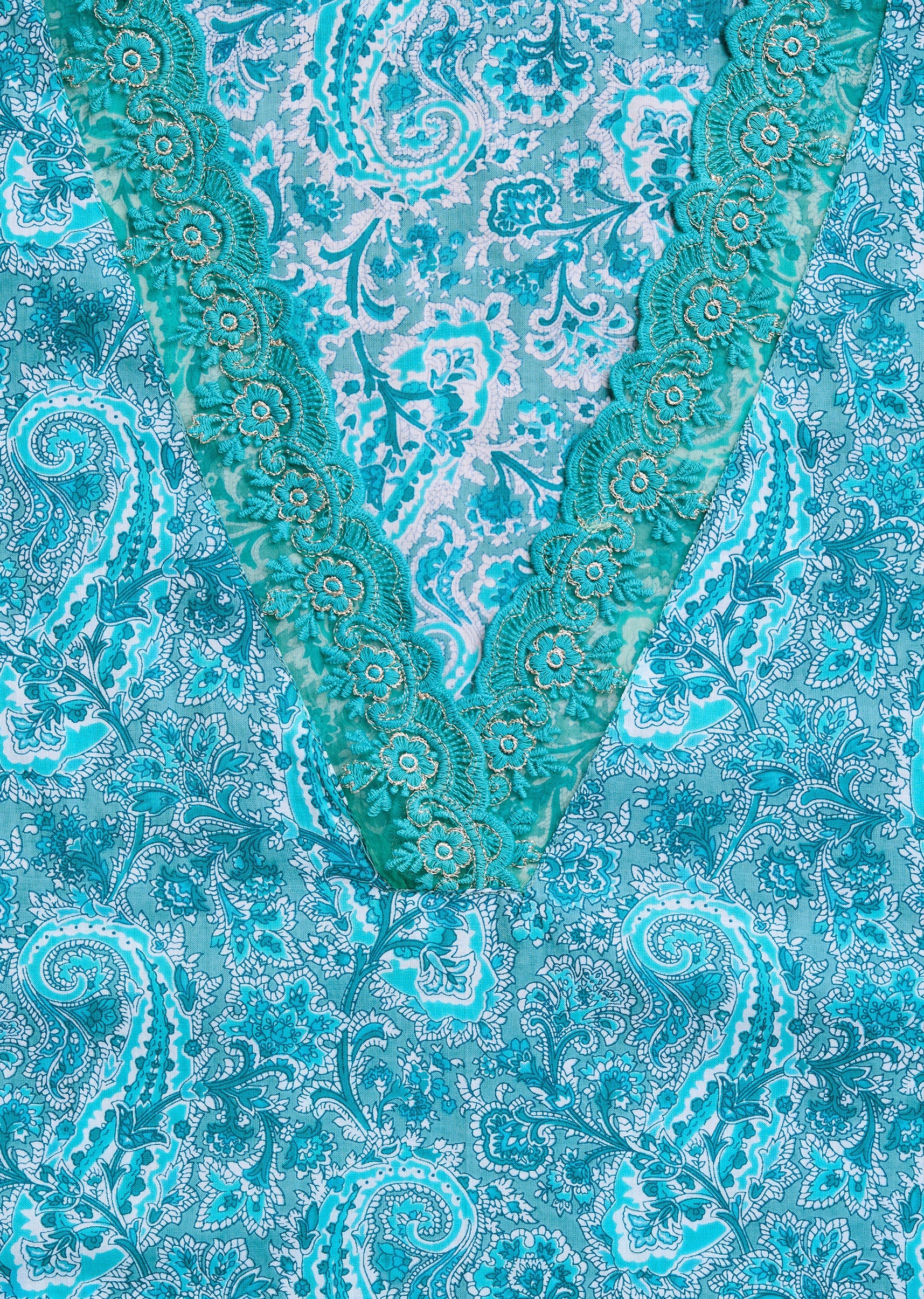 Aqua Blue Cotton Printed Unstitched Suit Set - Image 2