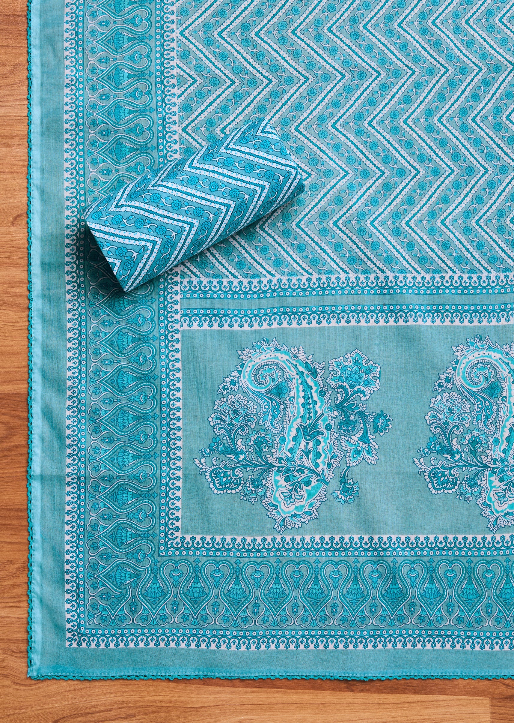 Aqua Blue Cotton Printed Unstitched Suit Set - Image 4