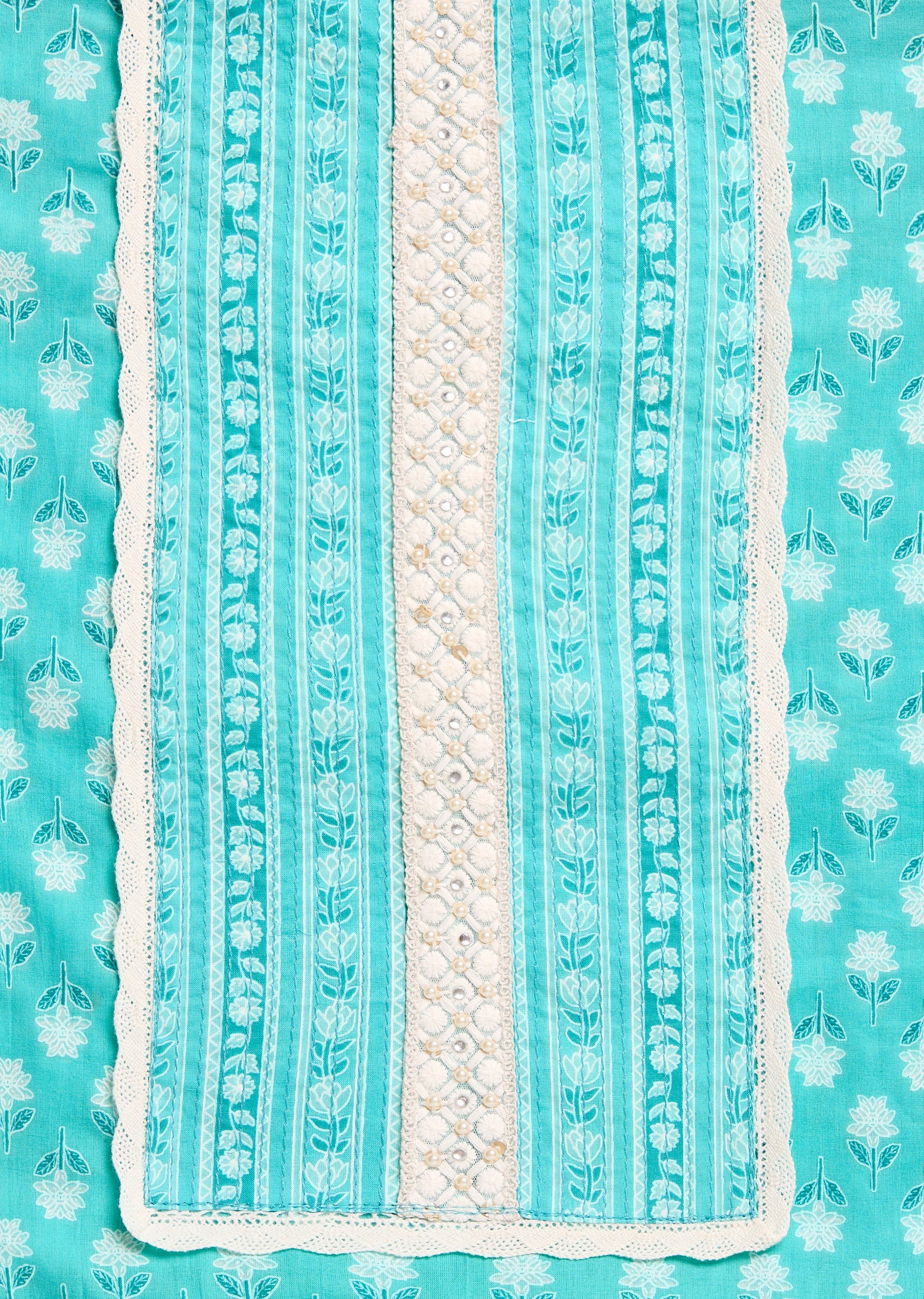Aqua Blue Cotton Unstitched Suit With Dupatta - Image 2