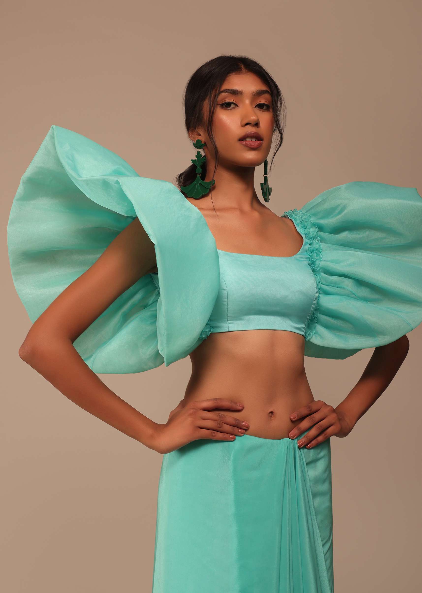 Aqua Blue Crepe Saree With Fancy Sleeves Organza Blouse - Image 2