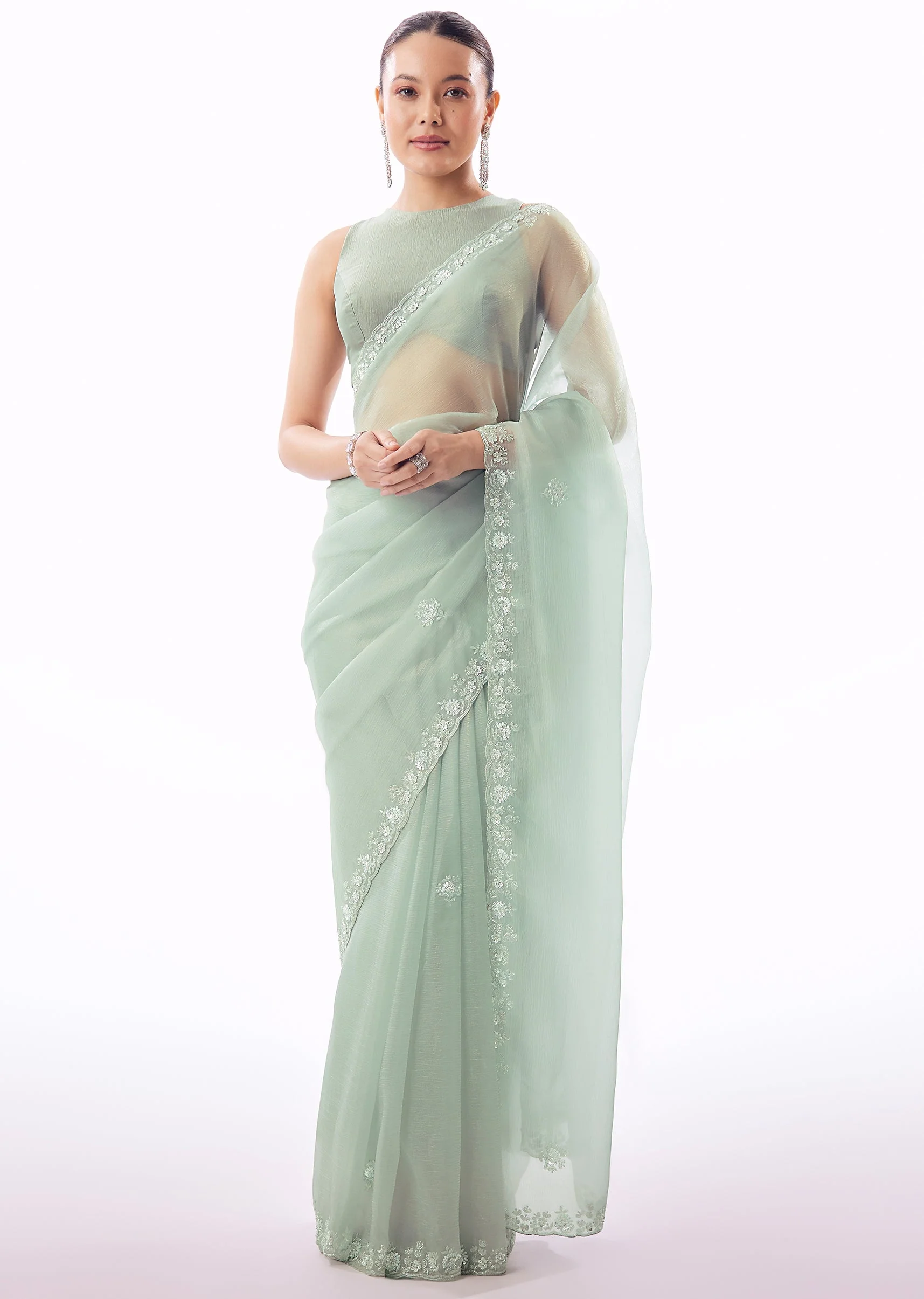 Aqua Blue Crush Tissue Saree With Hand Embroidered Cutdana Sequin Bead Border - Image 3
