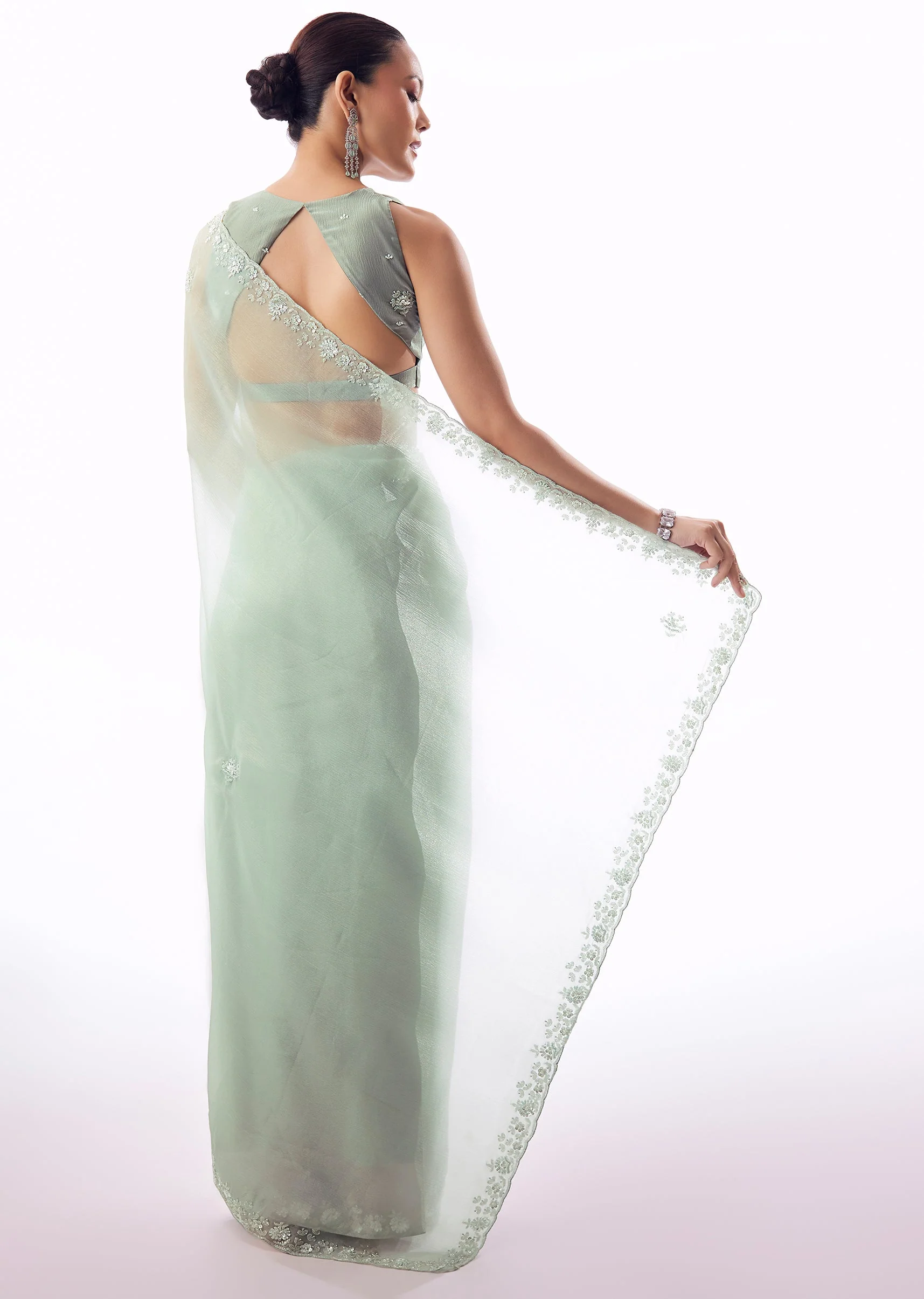 Aqua Blue Crush Tissue Saree With Hand Embroidered Cutdana Sequin Bead Border - Image 4