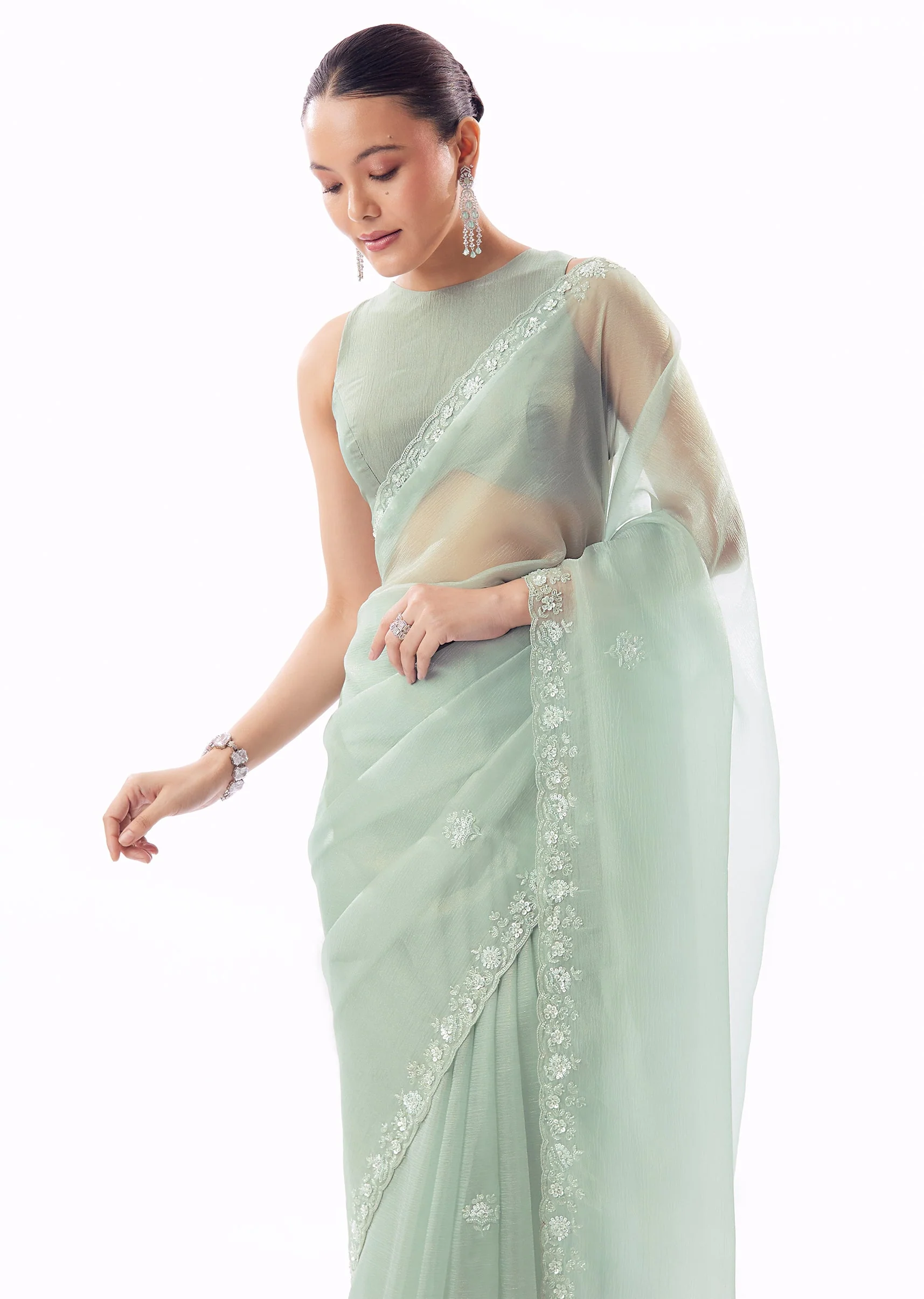 Aqua Blue Crush Tissue Saree With Hand Embroidered Cutdana Sequin Bead Border - Image 5
