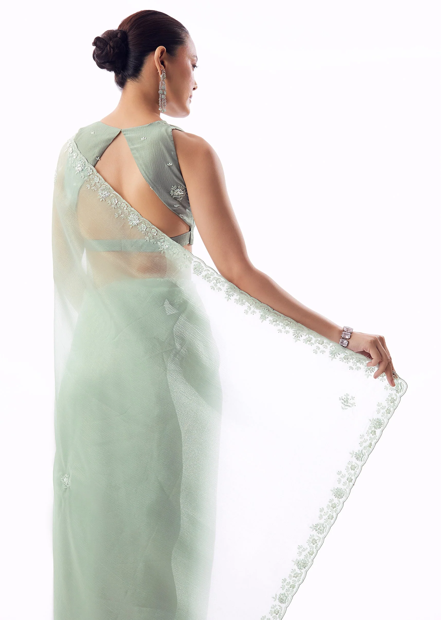 Aqua Blue Crush Tissue Saree With Hand Embroidered Cutdana Sequin Bead Border - Image 6