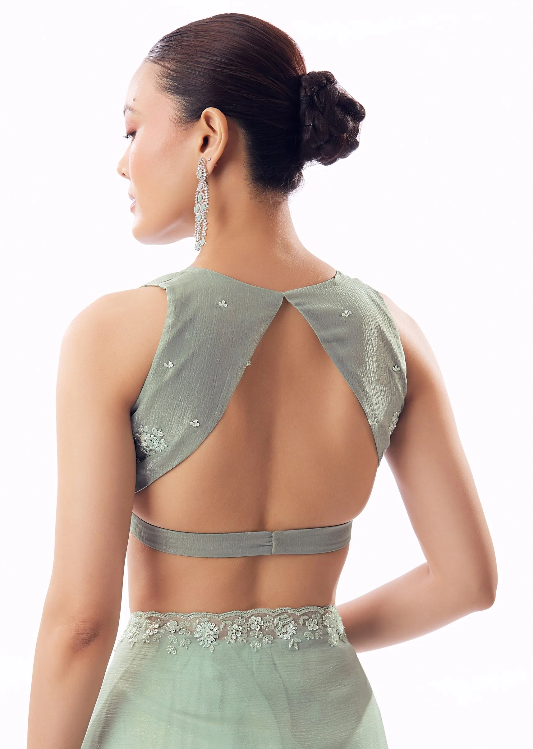 Aqua Blue Crush Tissue Saree With Hand Embroidered Cutdana Sequin Bead Border - Image 8