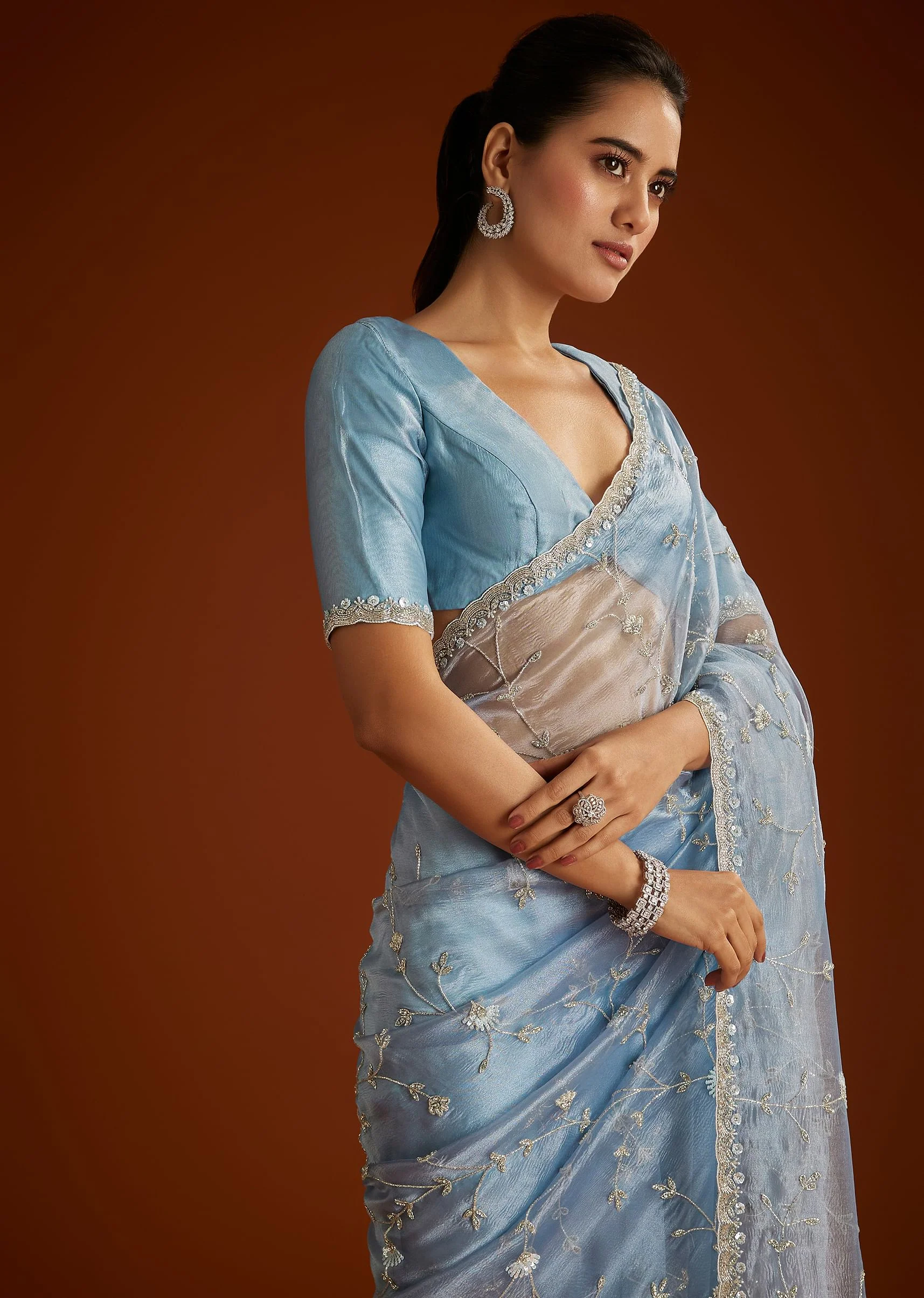 Aqua Blue Crushed Tissue Saree With Floral Jaal Embroidery - Image 5