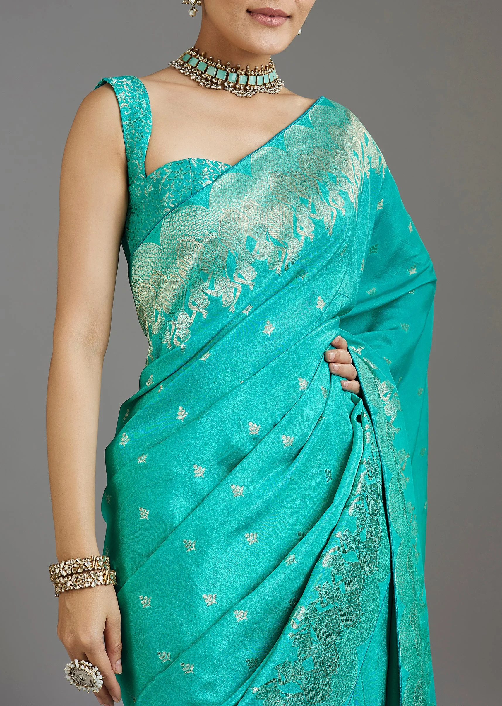Aqua Blue Dola Silk Saree - Image 2