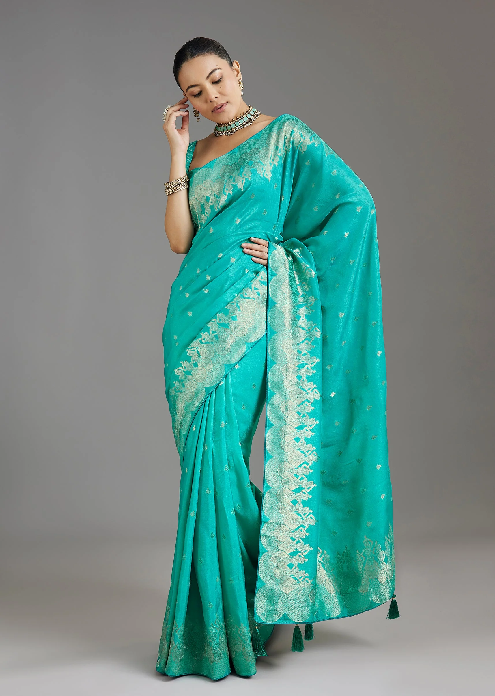 Aqua Blue Dola Silk Saree - Image 3