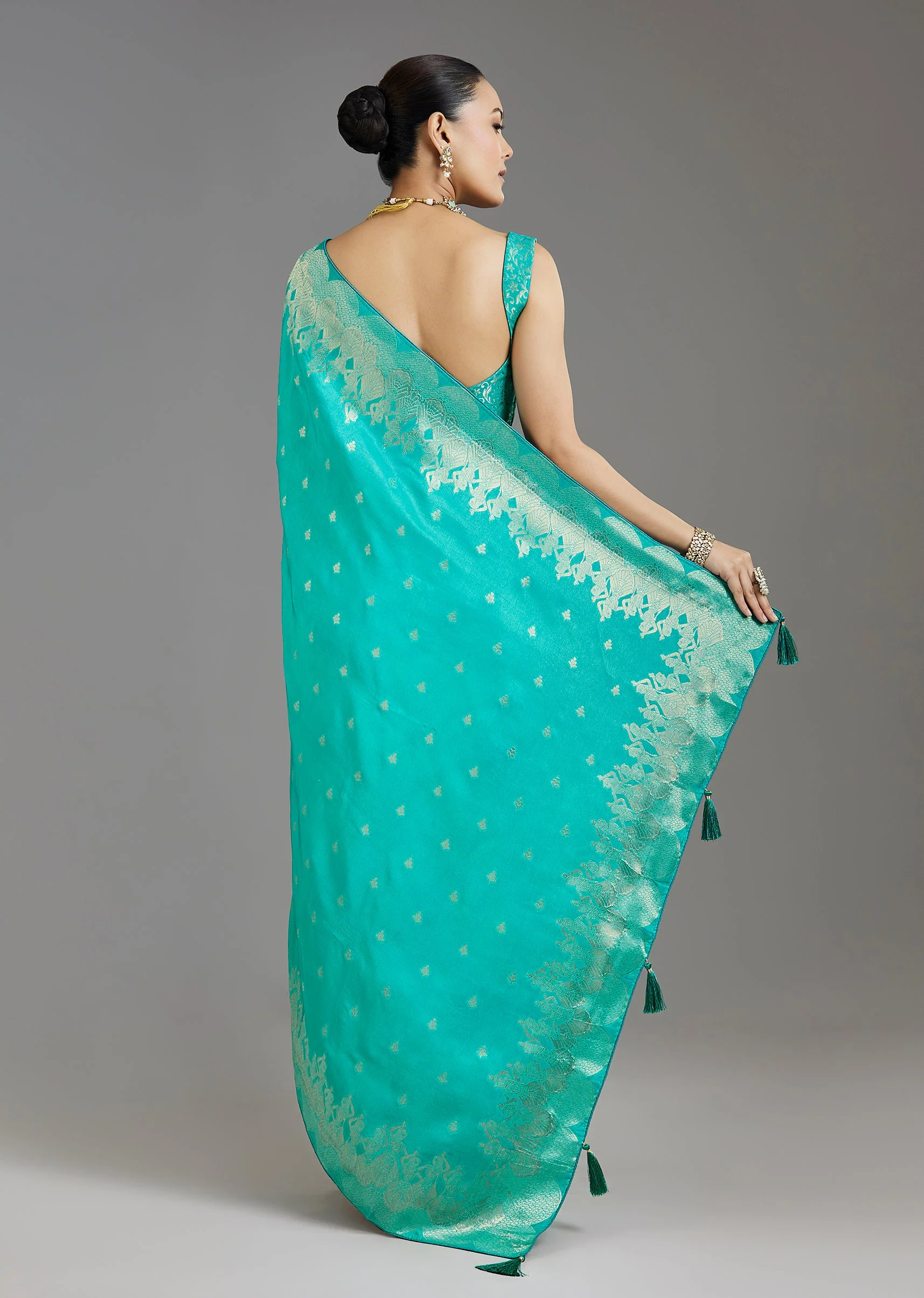 Aqua Blue Dola Silk Saree - Image 4