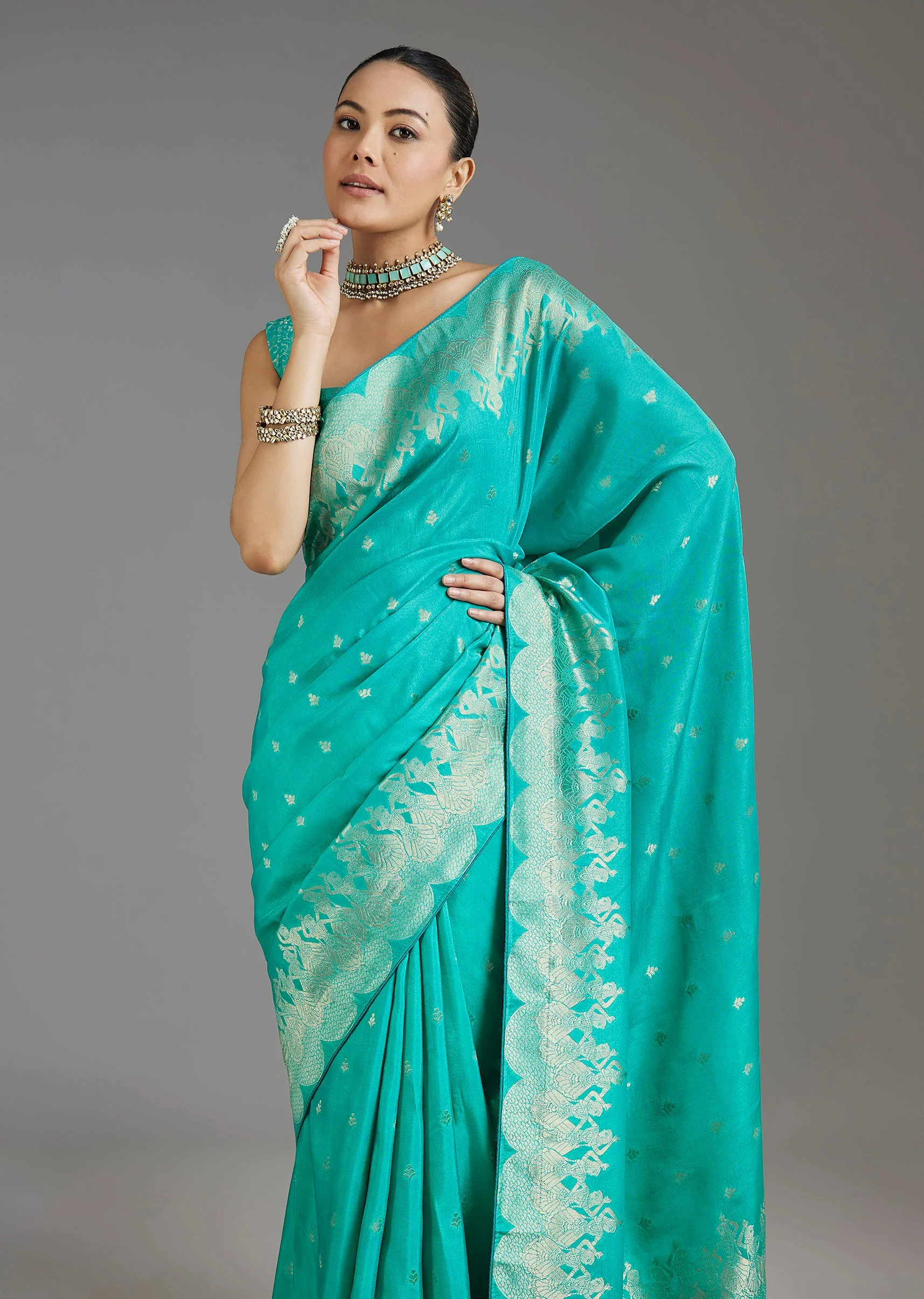 Aqua Blue Dola Silk Saree - Image 5