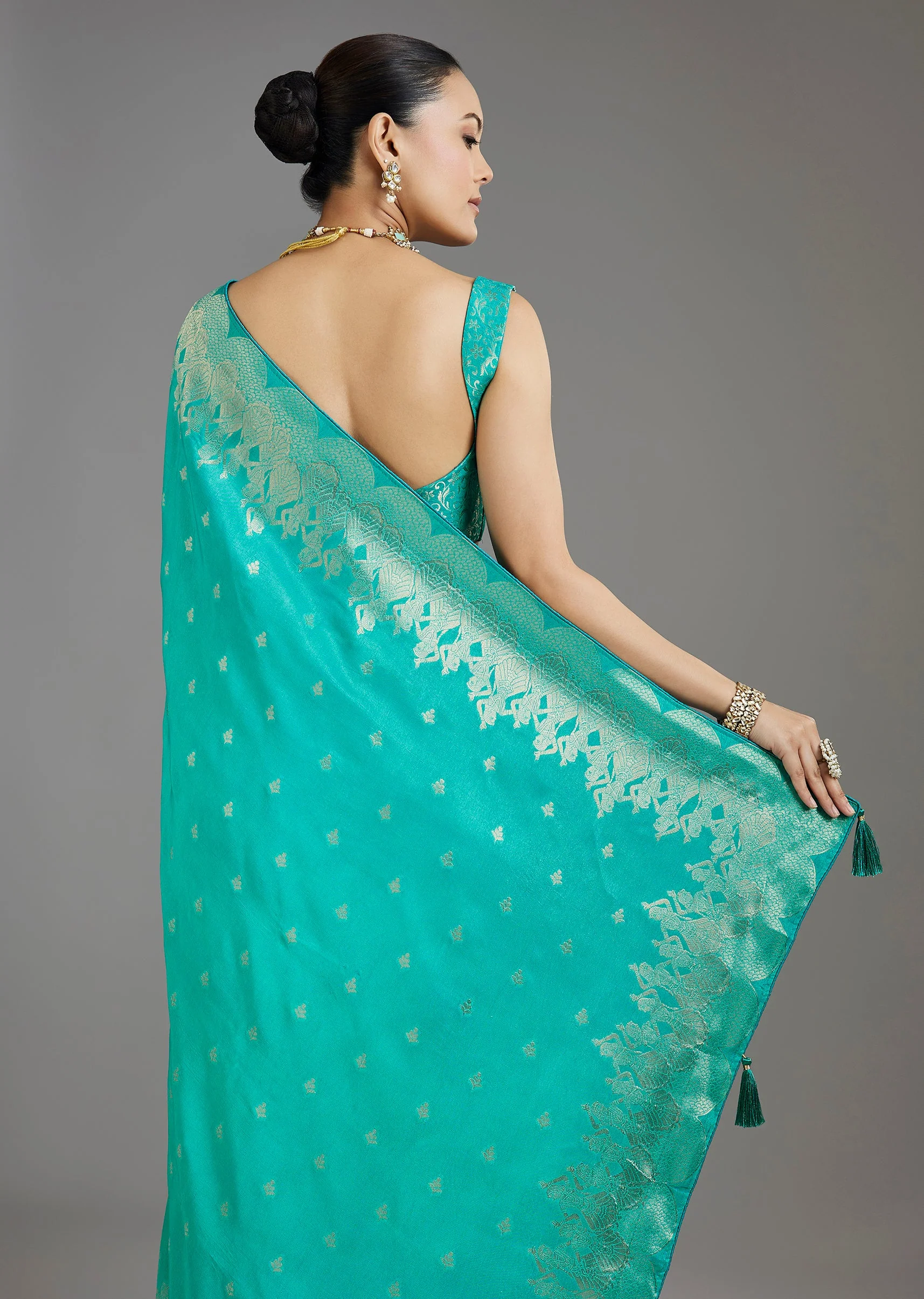 Aqua Blue Dola Silk Saree - Image 6
