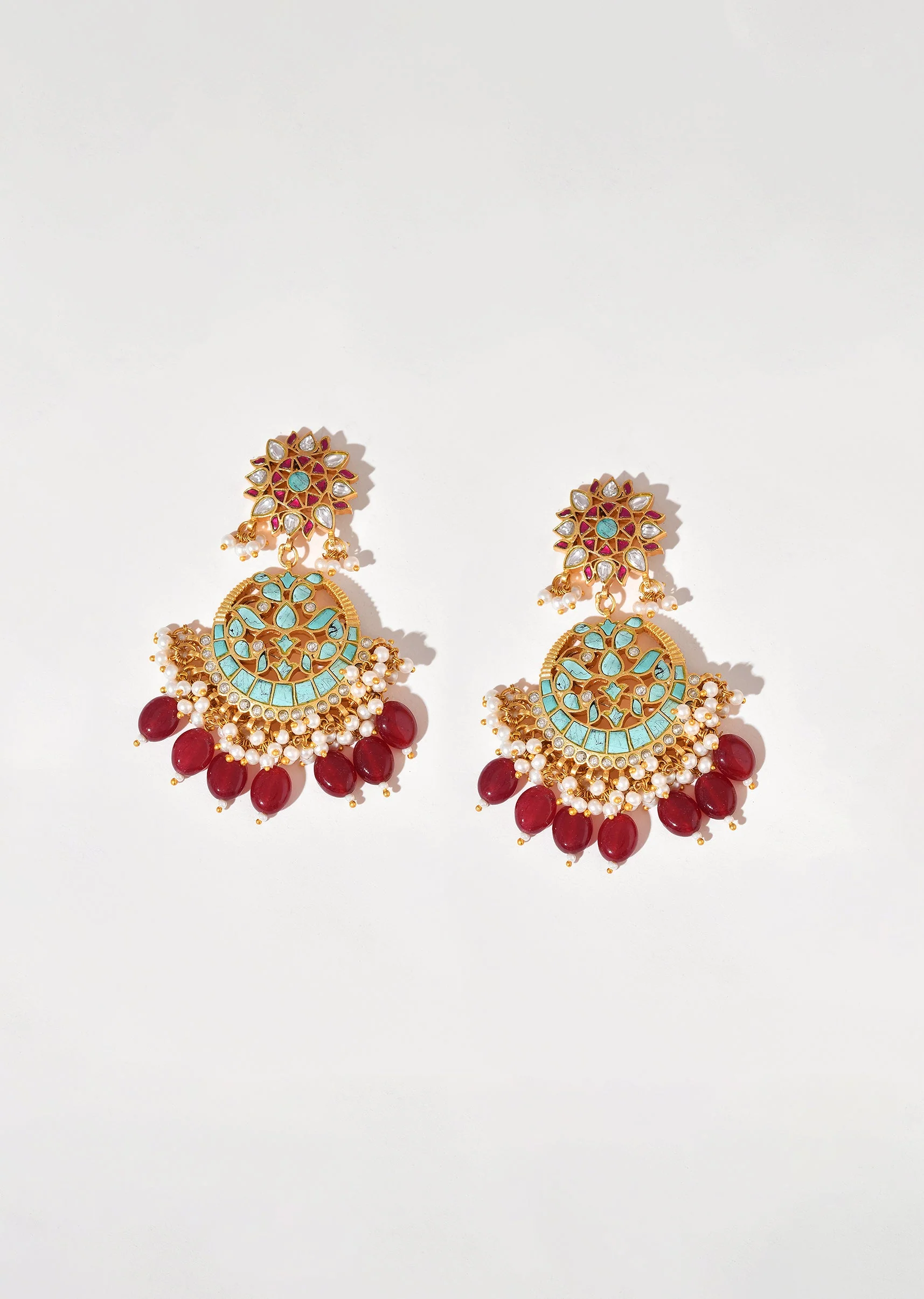 Aqua Blue Earrings With Pachi Kundan - Image 2