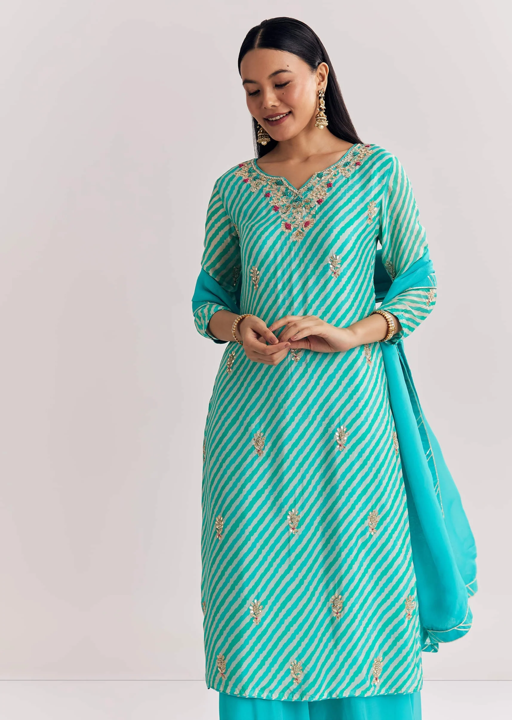 Aqua blue Georgette Kurta Palazzo Suit With Organza Dupatta And Gotta Work - Image 4